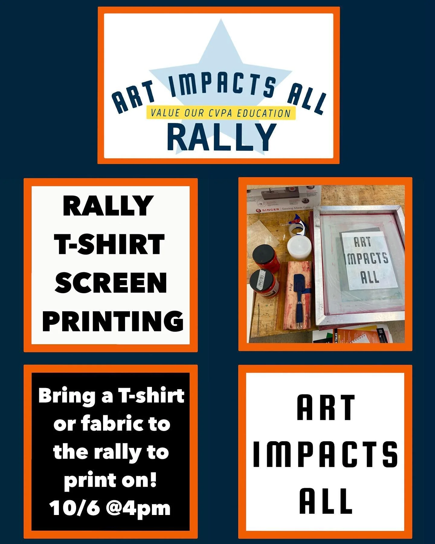 TOMORROW: Screen Printing @ the Art Impacts All Rally! Bring t-shirts or other pieces of fabric to print on! Come support and call on the school to Value Our CVPA Education. October 6th at 4pm on the Main Campus quad! #ArtImpactsAll