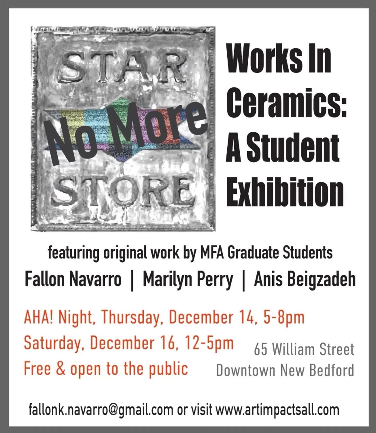 Join us on December 14th for the &ldquo;Star Store No More&rdquo; opening. This exhibition features works by current ceramic MFA graduates Anis Beigzadeh, Fallon Navarro, and Marilyn Perry. In response to the abrupt removal from Star Store and the on