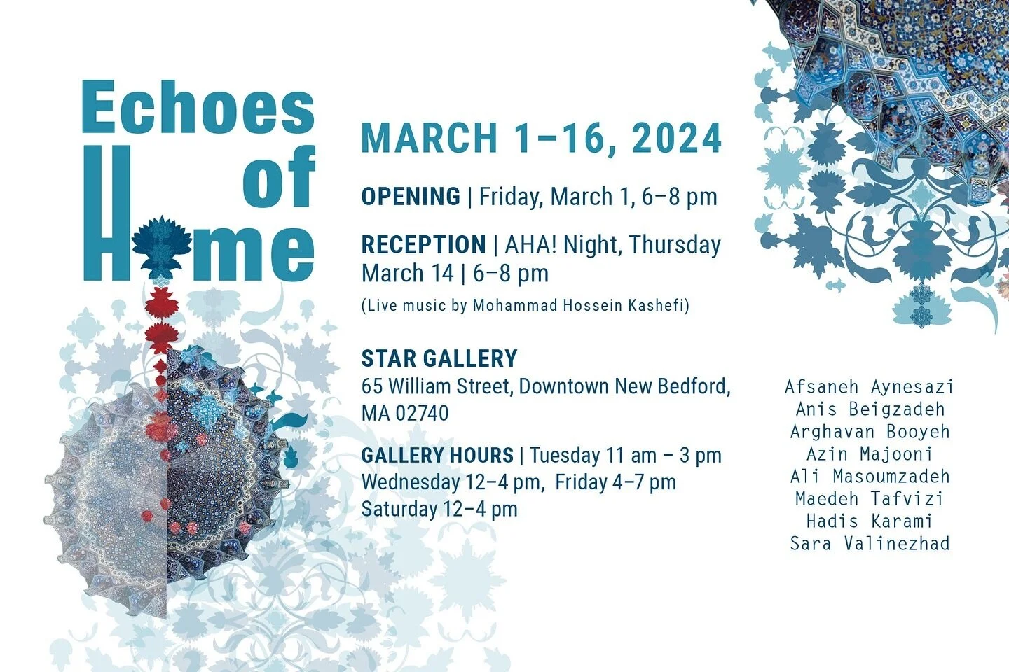 We are proud to introduce our next exhibition, Echos of Home. This exhibition of Iranian artists reflects on the memory of home beyond borders, showcasing a visual narrative that intertwines the shared memories and experiences, redefining displacemen