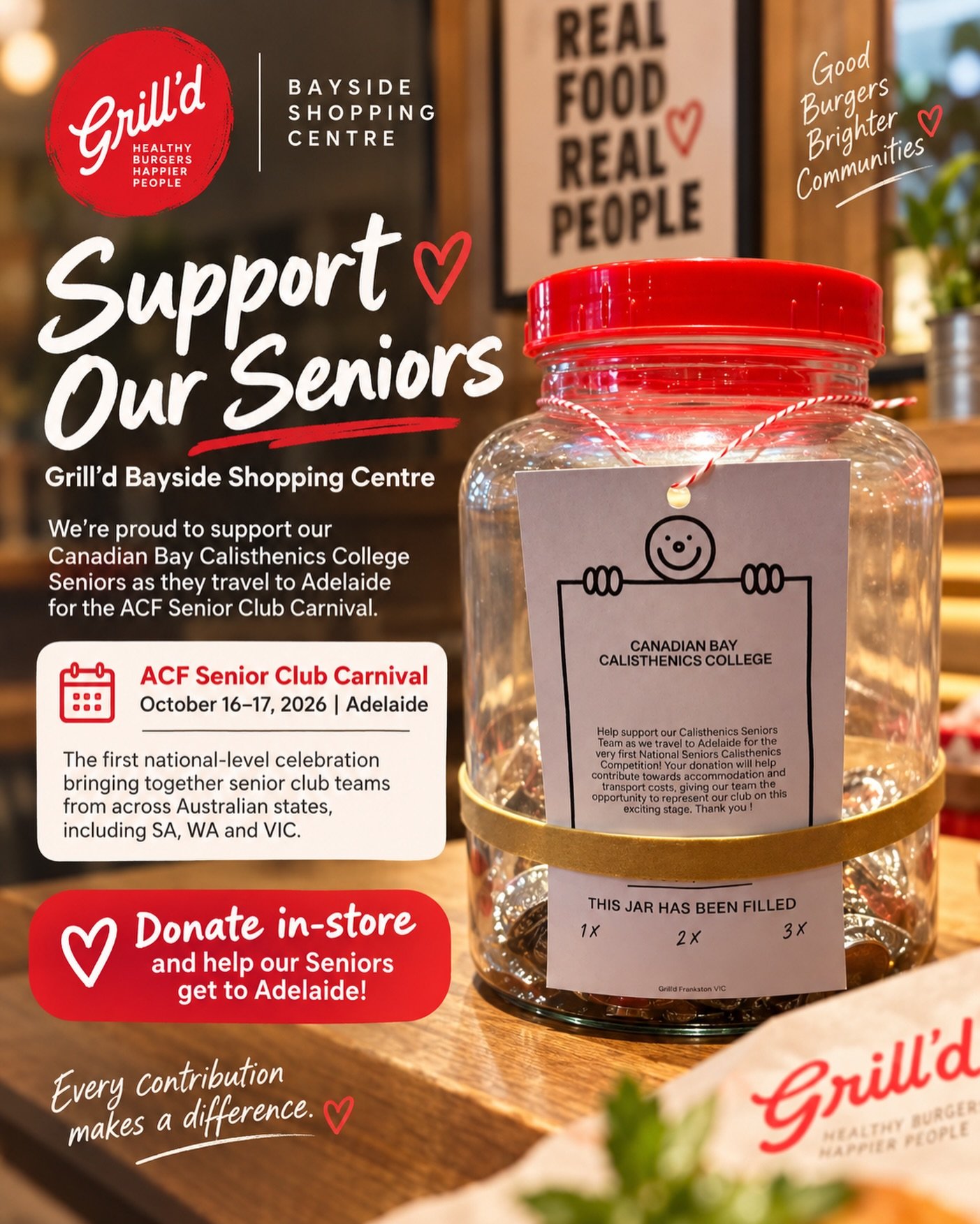 Help get our Seniors to Adelaide! &hearts;️🍁

Our Canadian Bay Seniors are heading to the ACF Senior Club Carnival, October 16&ndash;17, bringing together Senior teams from across Australia.

If you&rsquo;re at Grill&rsquo;d Bayside Shopping Centre,