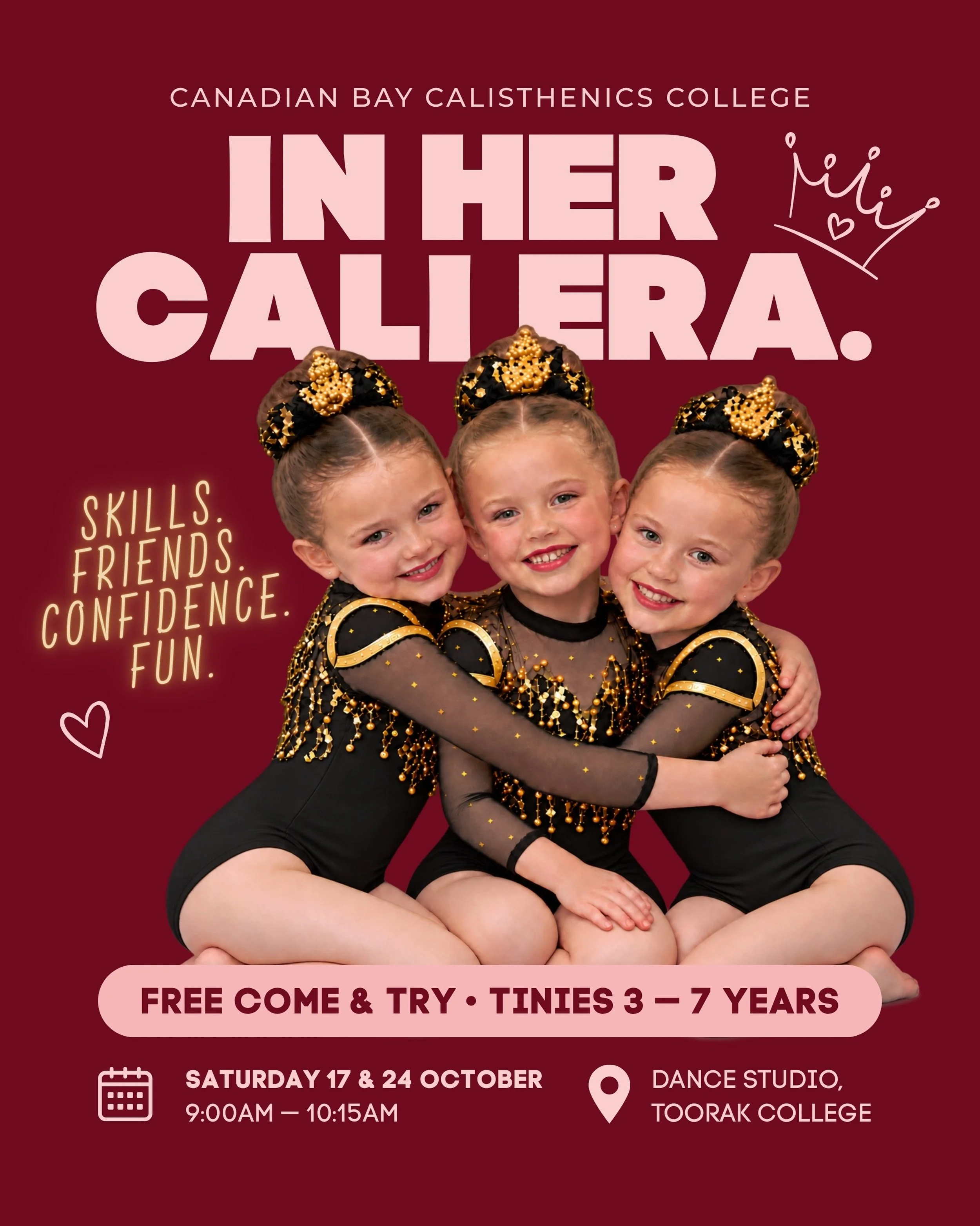 HER NEW-BESTIE ERA? COULD START TOMORROW. 🍁&hearts;️

Come for a little dance. Stay for the &ldquo;Mum, when can we go again?&rdquo;

Our first FREE Come &amp; Try class is tomorrow! We&rsquo;re welcoming girls aged 3&ndash;7 to discover calisthenic