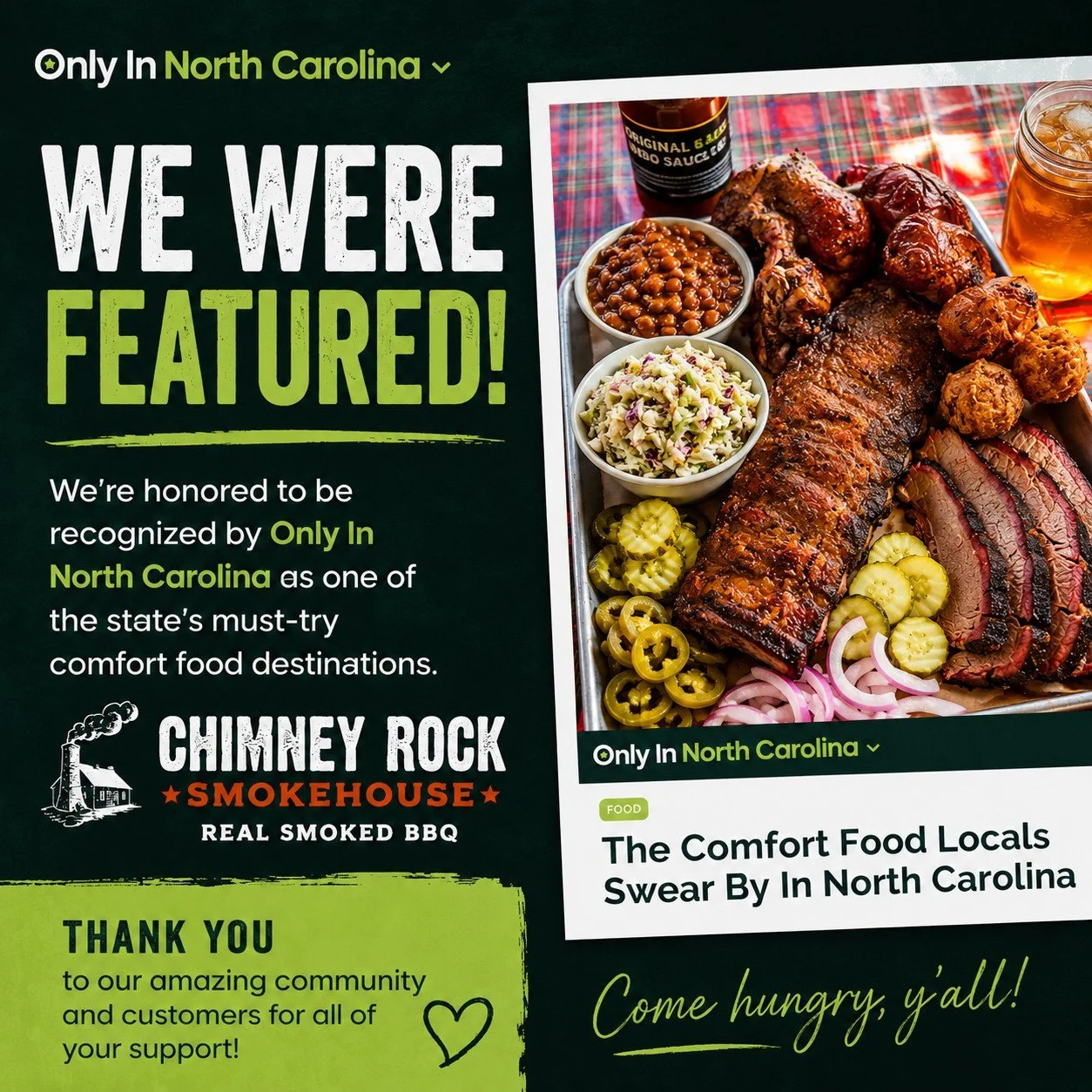 Well this is pretty cool&hellip; 😎

We were featured by @onlyinyourstate  as one of North Carolina&rsquo;s comfort food spots locals swear by!

For a small-town smokehouse in Chimney Rock, that&rsquo;s a huge honor. We&rsquo;re thankful for every pe