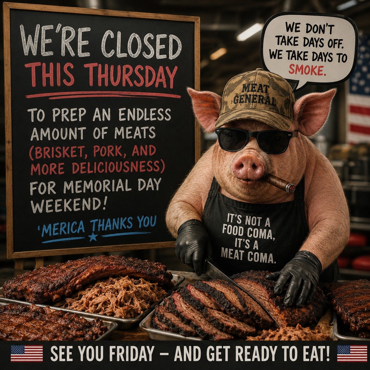 🚨 BBQ EMERGENCY ALERT 🚨

We&rsquo;ll be CLOSED this Thursday so the smokers can work overtime and the briskets can reach their full potential.

Our crew will be buried in pork, brisket, ribs, and enough smoke to make the mountains jealous as we pre