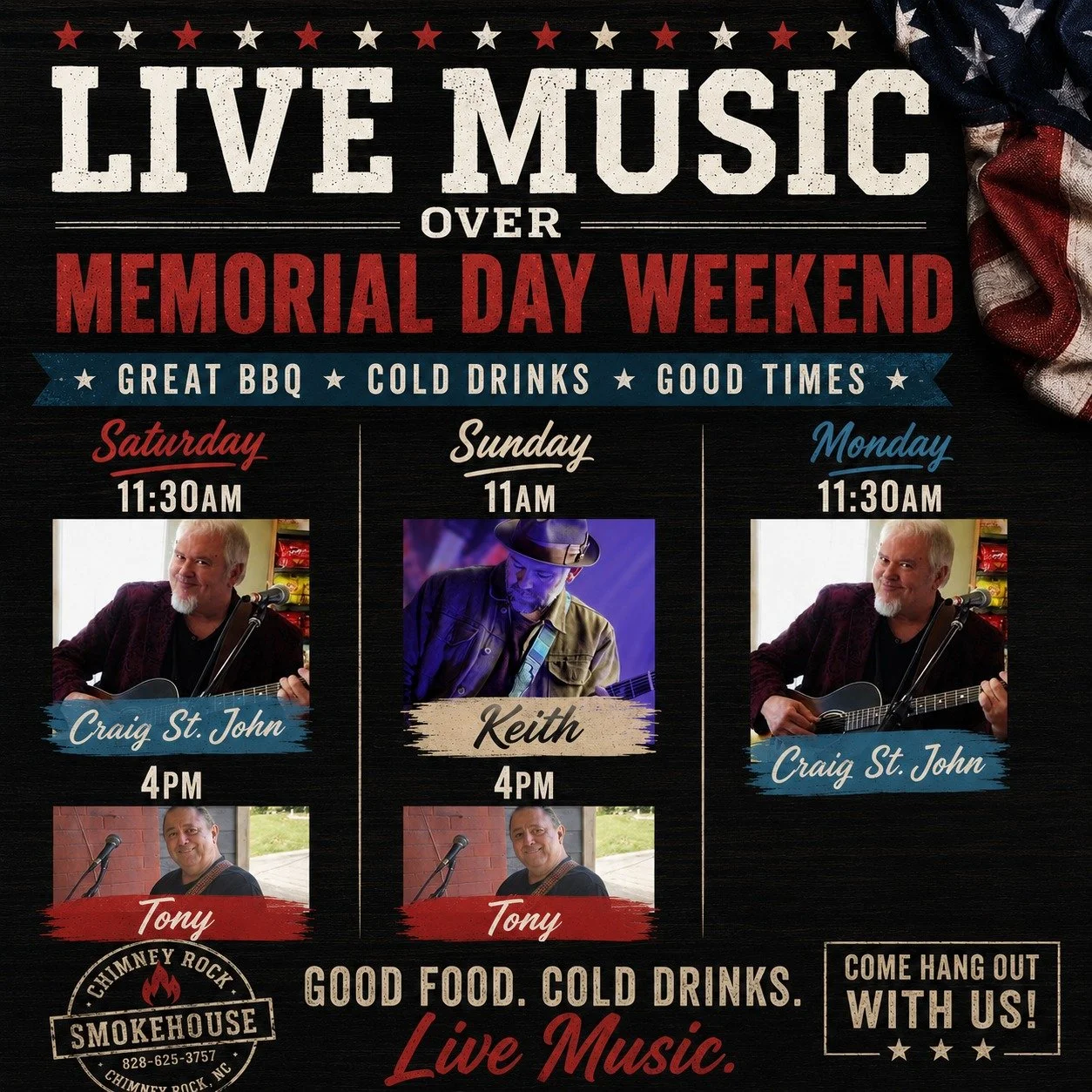 Memorial Day Weekend = BBQ, cold drinks, mountain views, and live music all weekend long at the Smokehouse. 🔥🇺🇸🎶

Come hang out with us, grab a plate, and enjoy an awesome lineup of local musicians all weekend long.

See y&rsquo;all at the Smokeh