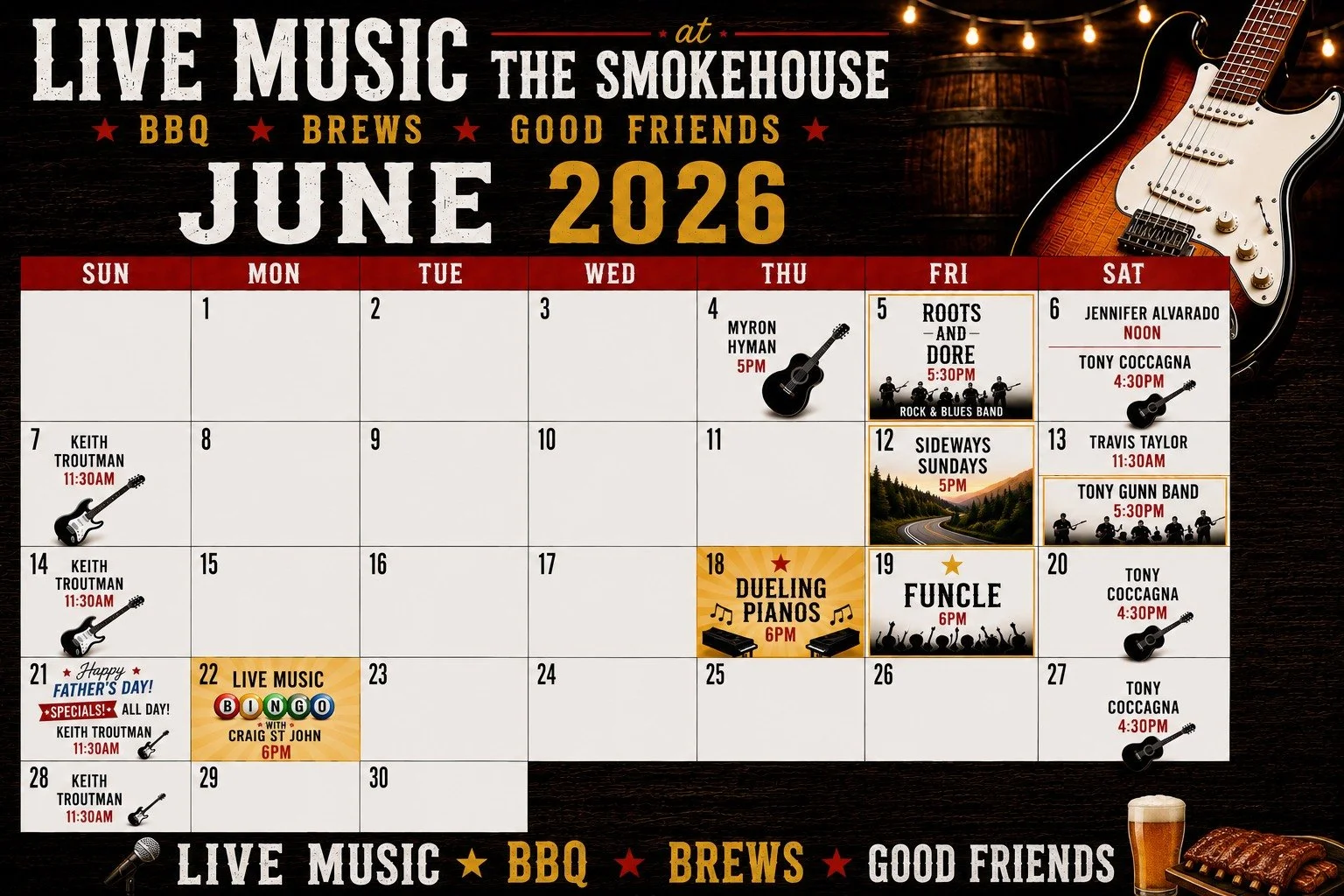 🎶 June is packed with live music at The Smokehouse! 🎶

Grab your friends, bring your appetite, and spend your summer evenings with great music, slow-smoked BBQ, cold craft beer, and mountain views.

#LiveMusicWNC #ChimneyRockSmokehouse #BBQAndBrews