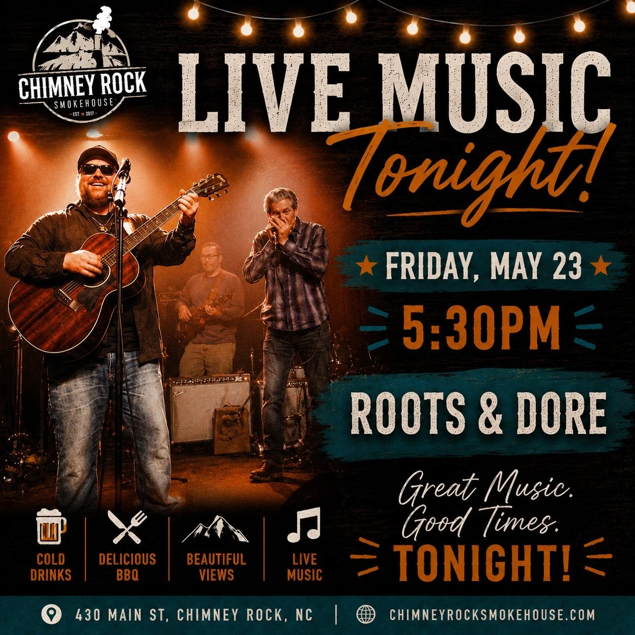 🎶 LIVE MUSIC TONIGHT! 🎶

Kick off your weekend with Roots &amp; Dore live at Chimney Rock Smokehouse tonight at 5:30 PM!

Grab some friends, enjoy award-winning BBQ, cold drinks, and great music overlooking the Rocky Broad River.

📍 430 Main St, C