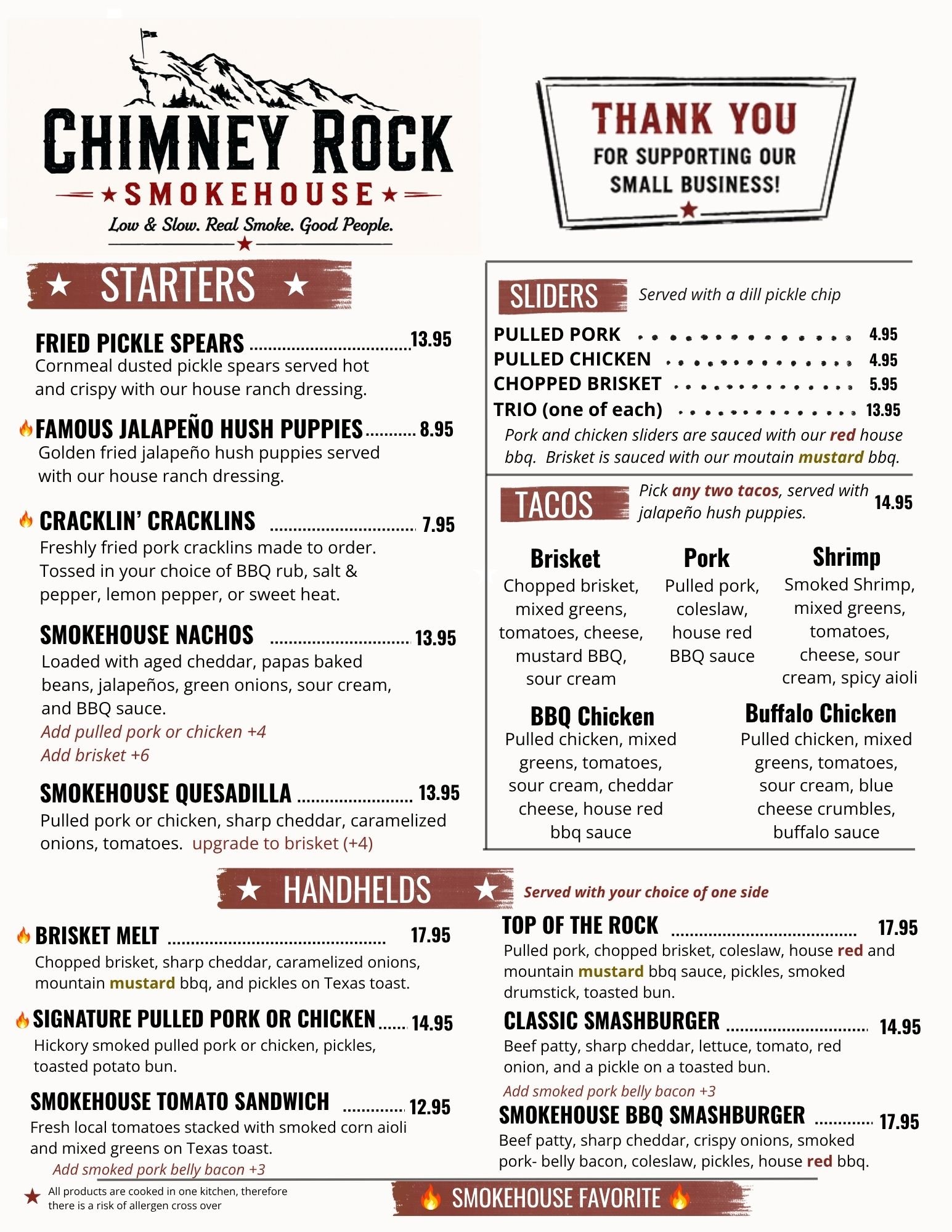 Chimney Rock Smokehouse BBQ menu featuring pulled pork, brisket, burgers, tacos, starters, and sandwiches.