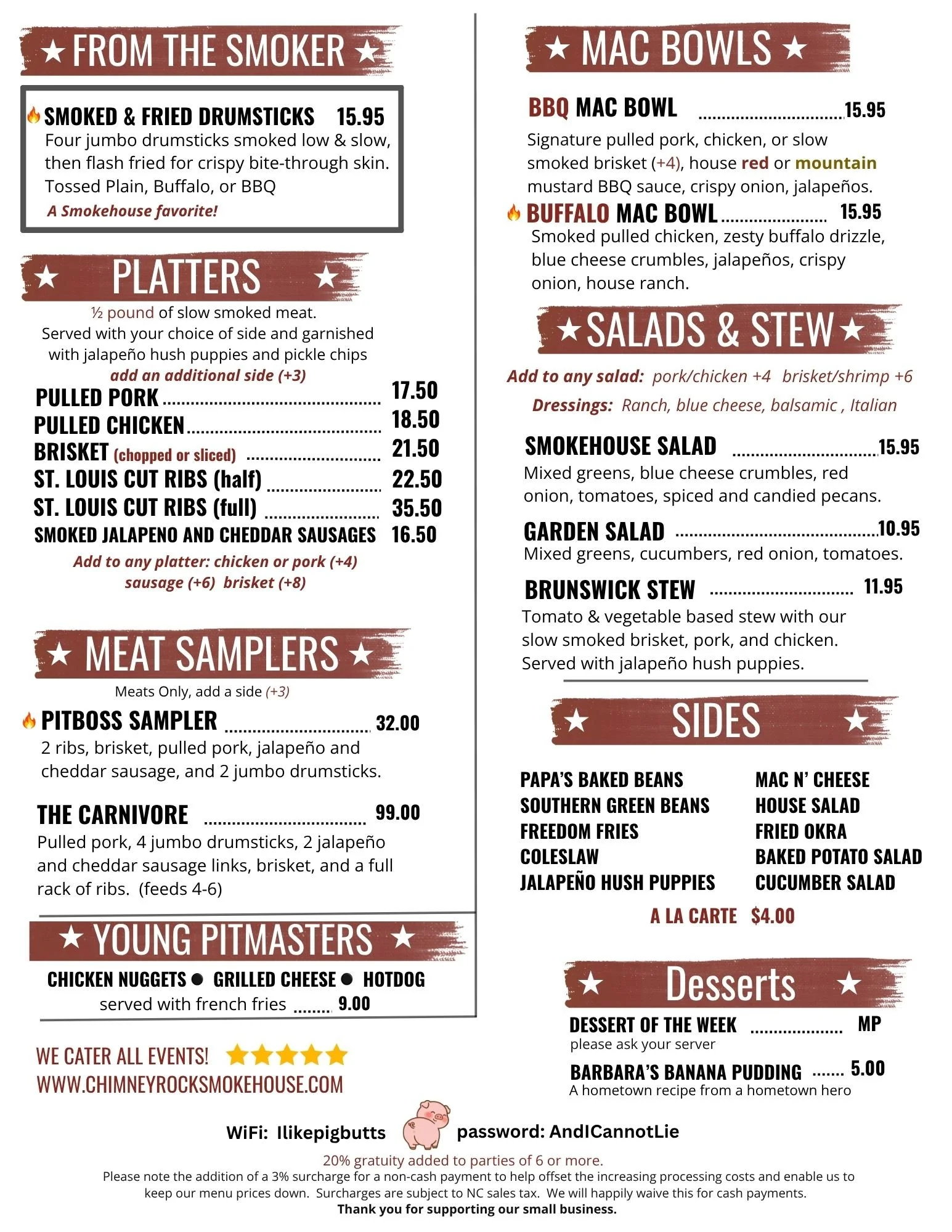 Chimney Rock Smokehouse menu featuring platters, ribs, smoked meats, sides, desserts, cocktails, beer, and wine.