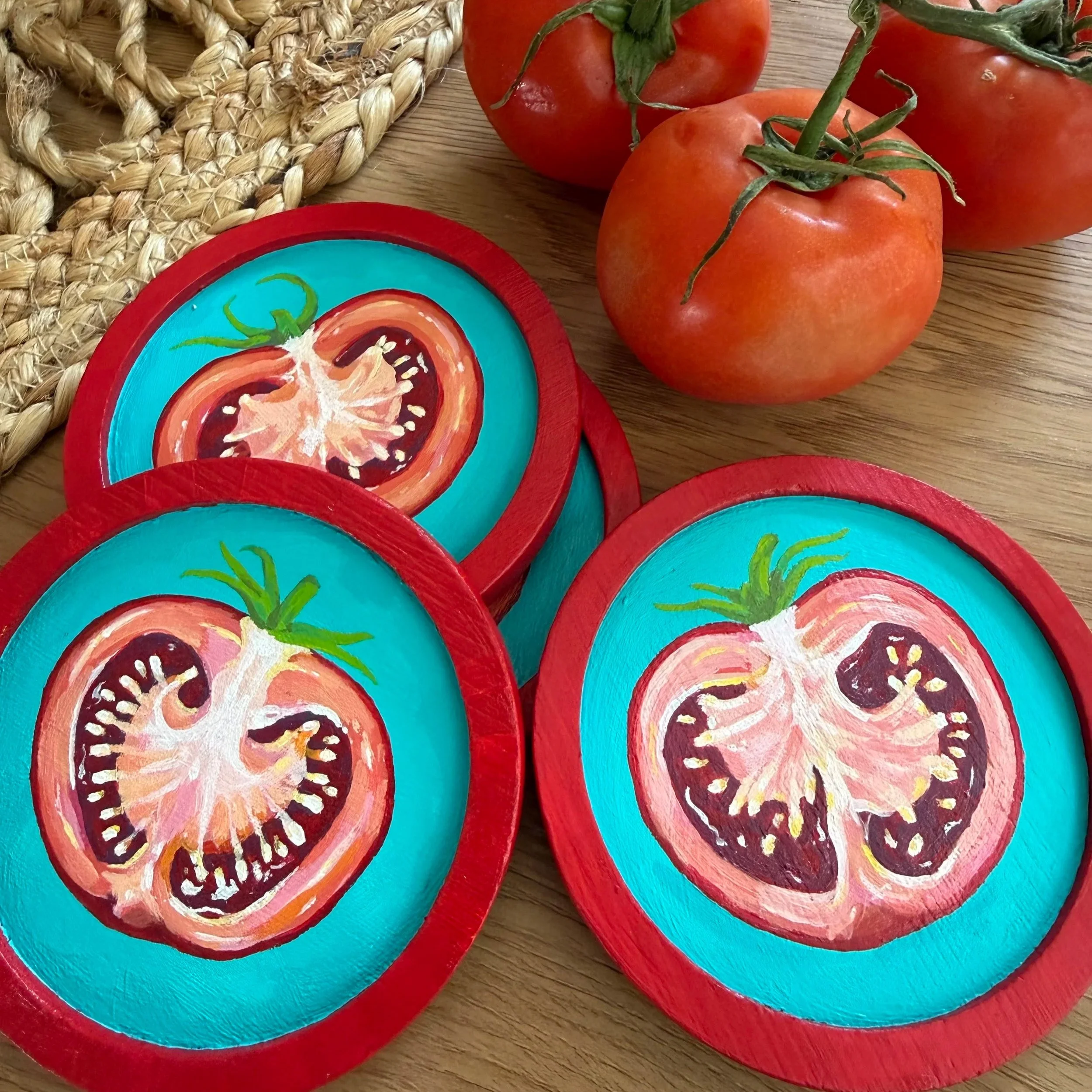 Hand-Painted Tomato Halves Wooden Coasters - Set of 4