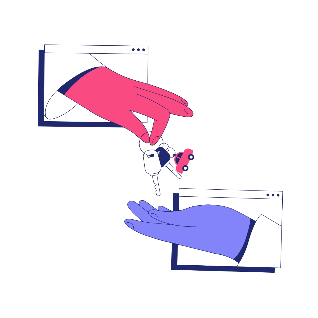 Customer handing keys to a licensed carrier for vehicle transport pickup.