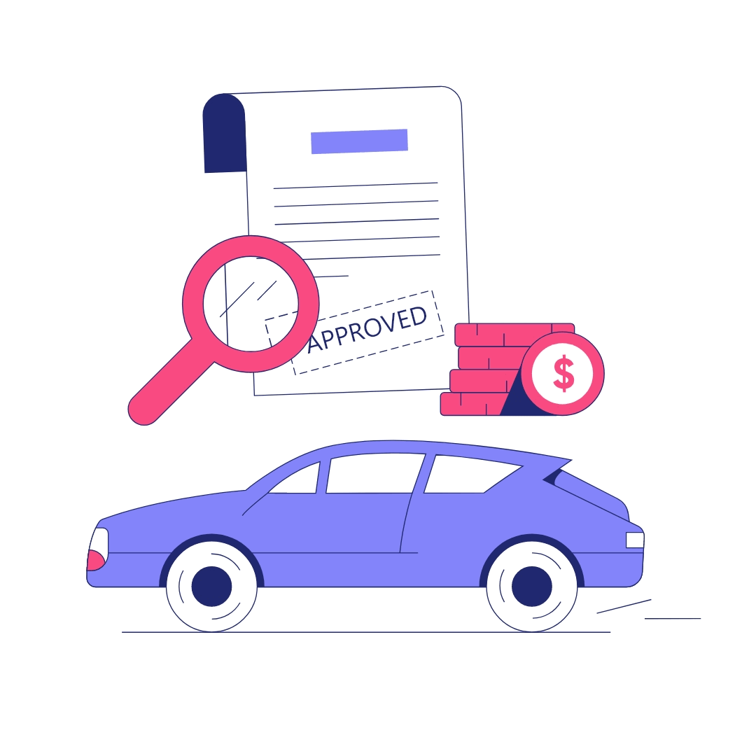 Illustration of approved vehicle transport order with car, documents, and pricing review.