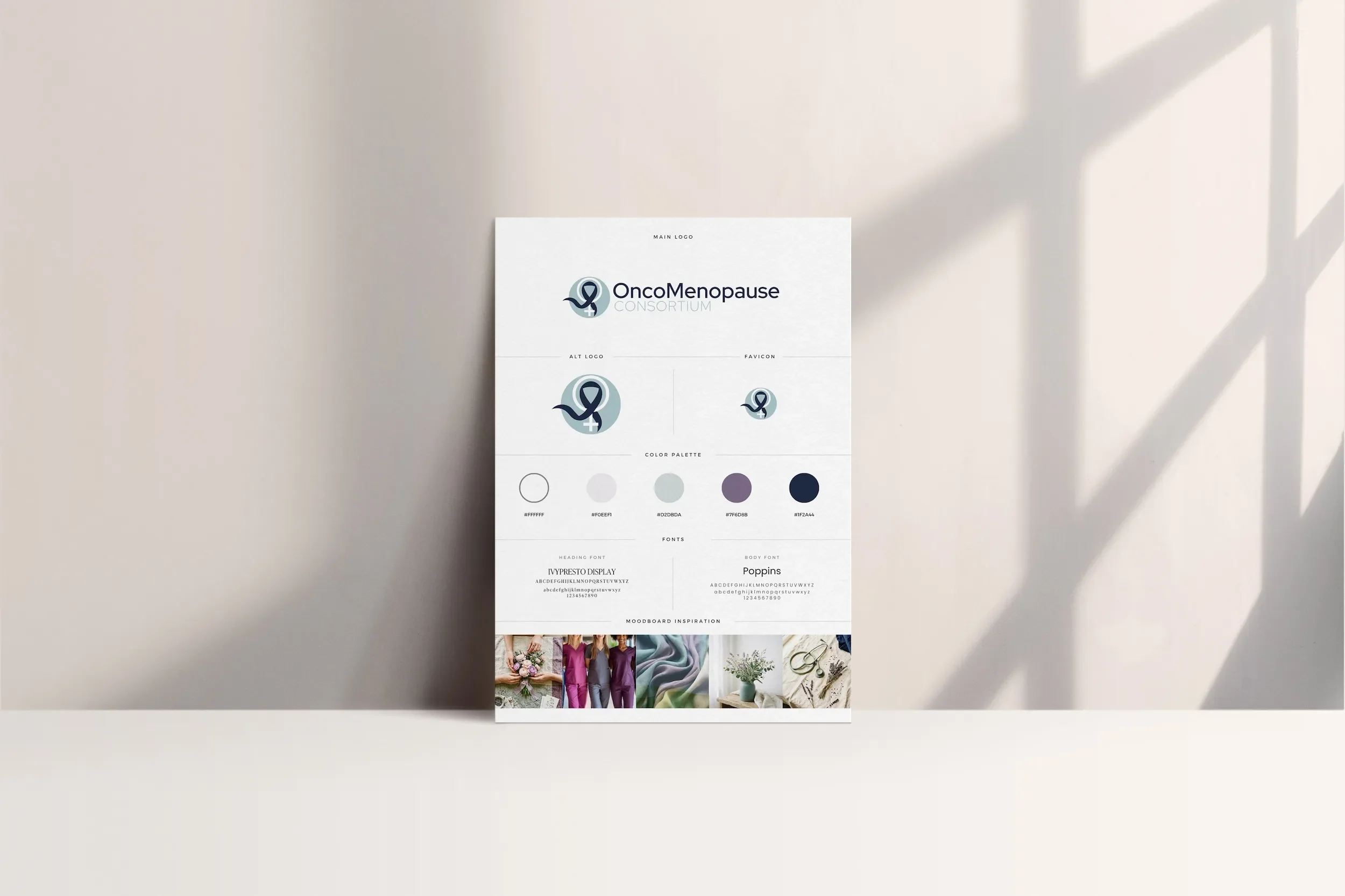 OncoMenopause Consortium brand board — logo, color palette, and typography designed by Jennifer Mager Creative