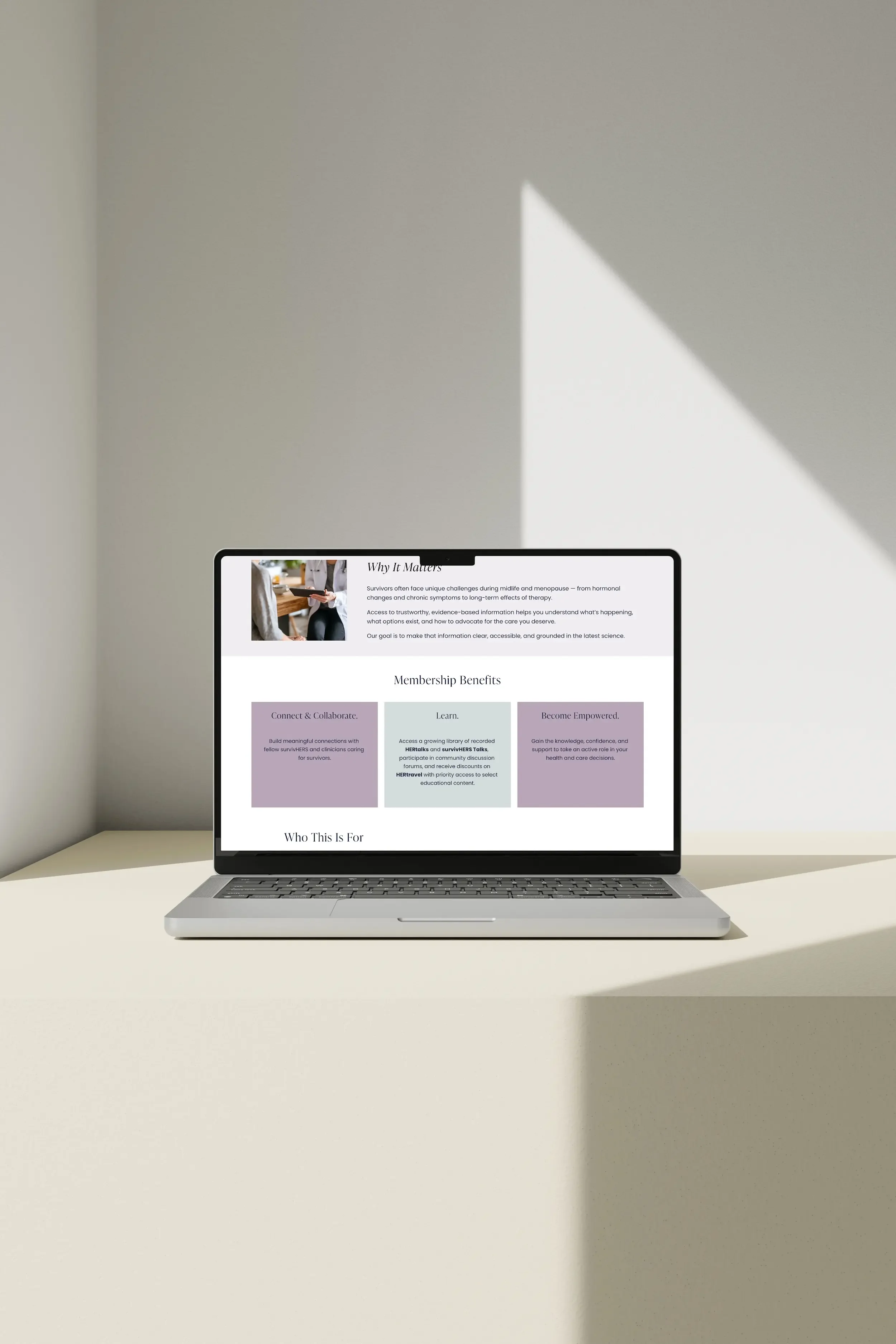 OncoMenopause Consortium membership benefits page on MacBook — Squarespace nonprofit website design by Jennifer Mager Creative