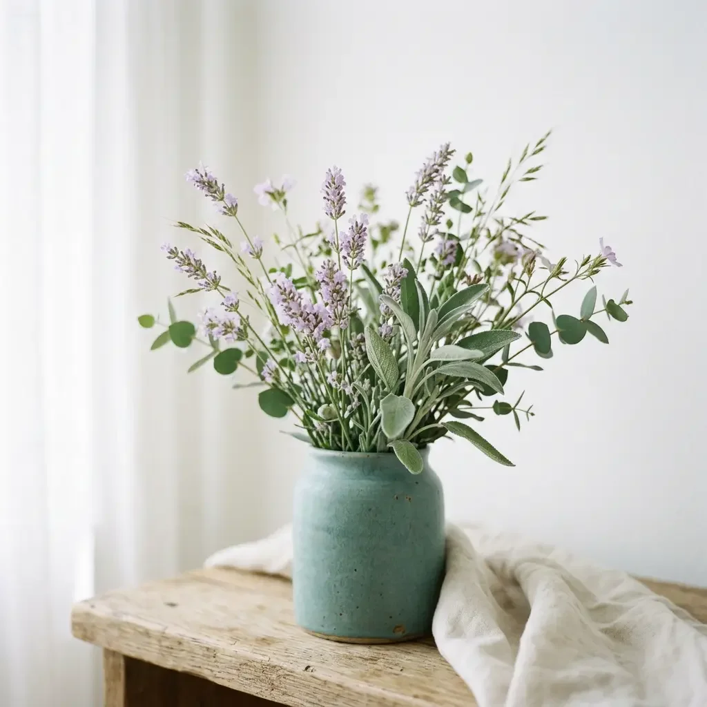Lavender and sage wildflowers in a teal ceramic vase — brand moodboard for OncoMenopause Consortium women's health nonprofit website design