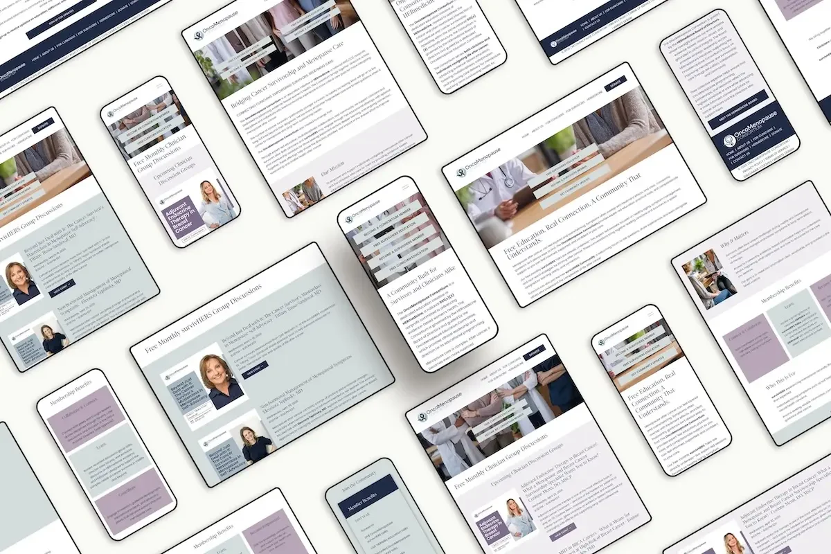 OncoMenopause Consortium full website design collage — multi-page Squarespace nonprofit site for clinicians and cancer survivors by Jennifer Mager Creative