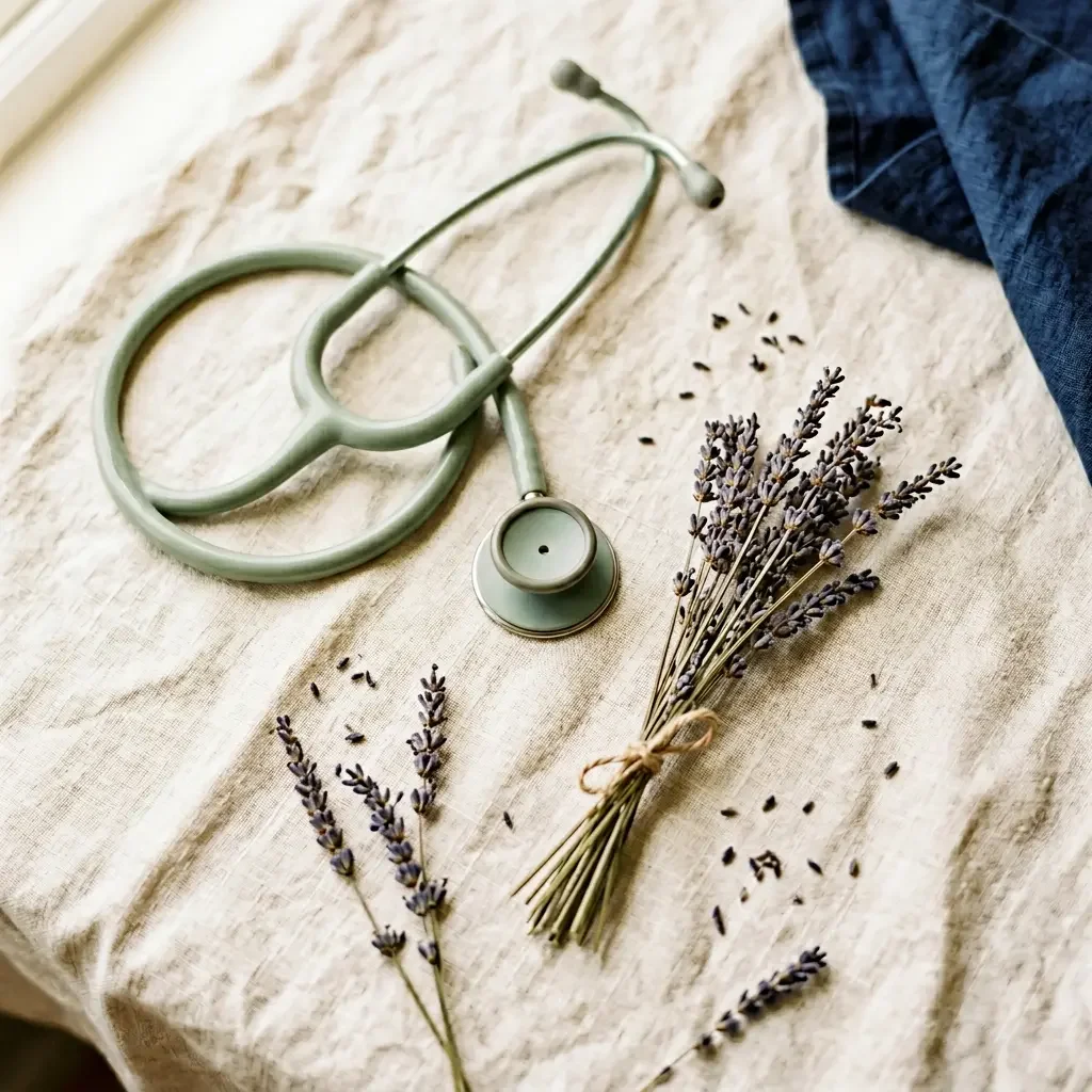 Sage green stethoscope and dried lavender bundles on cream linen — medical brand photography direction for OncoMenopause.org website by Jennifer Mager Creative