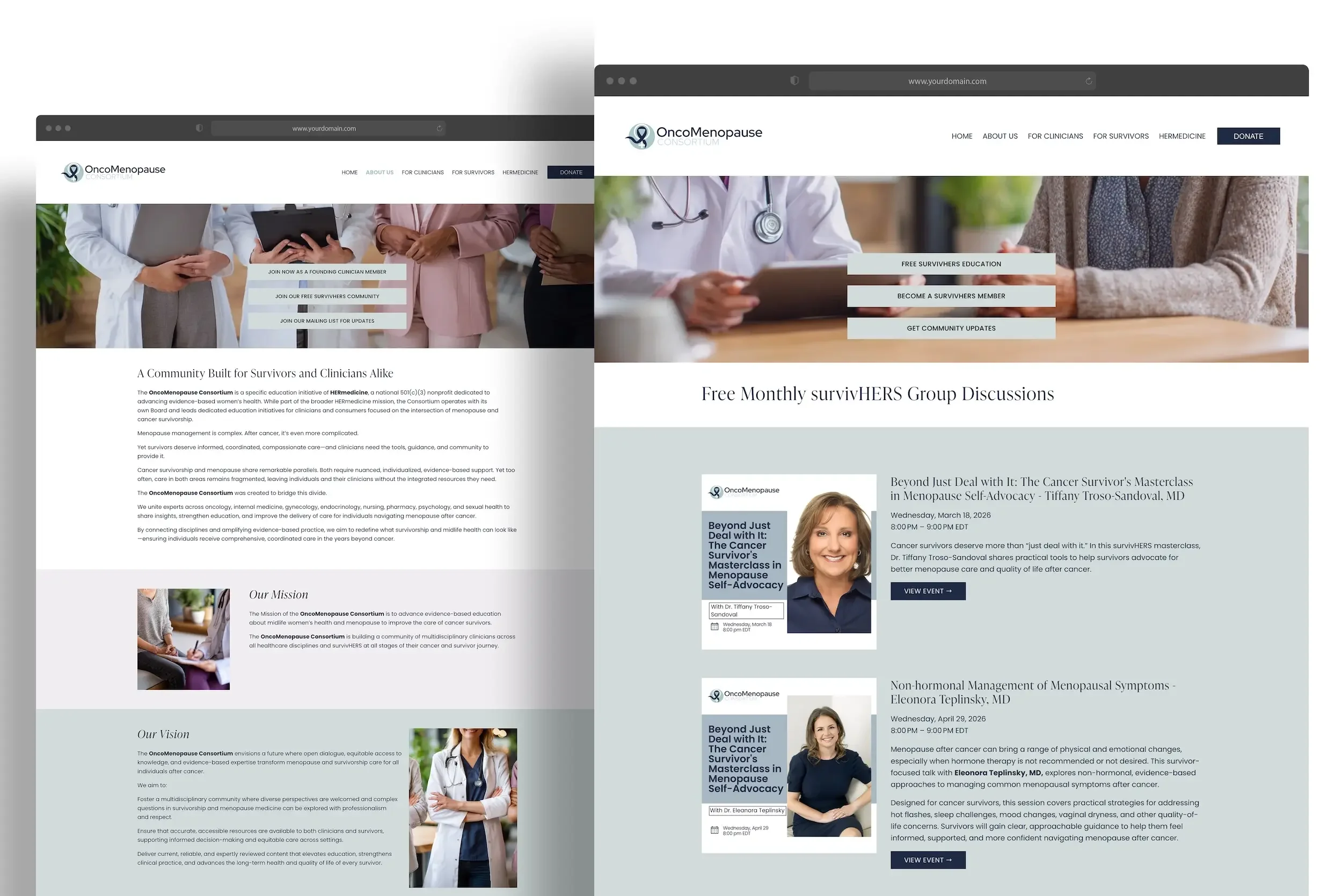 OncoMenopause Consortium About and survivHERS pages — dual-audience Squarespace nonprofit website design by Jennifer Mager Creative