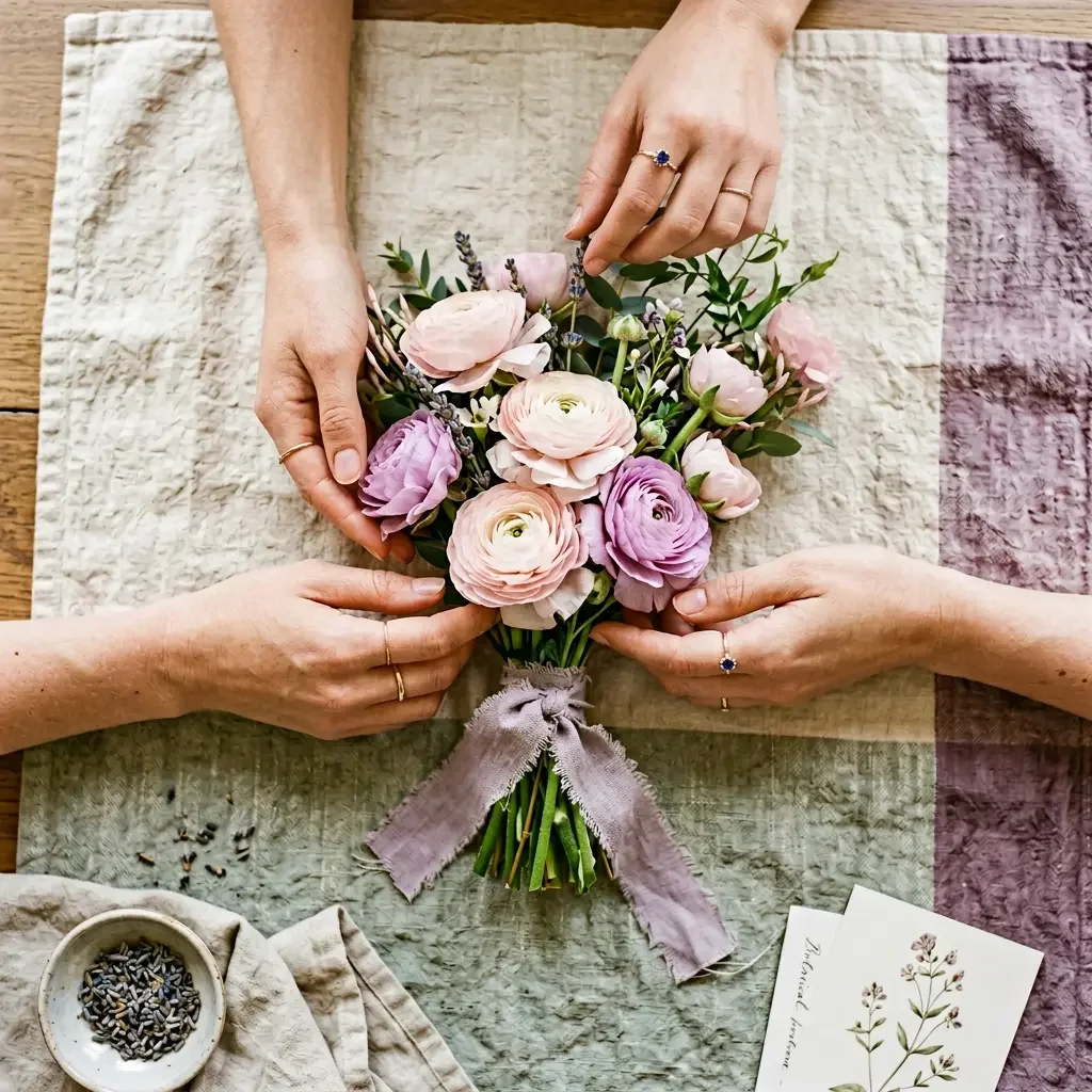 Overhead view of two sets of hands holding a blush and lavender ranunculus bouquet on linen — visual direction for oncology menopause nonprofit website