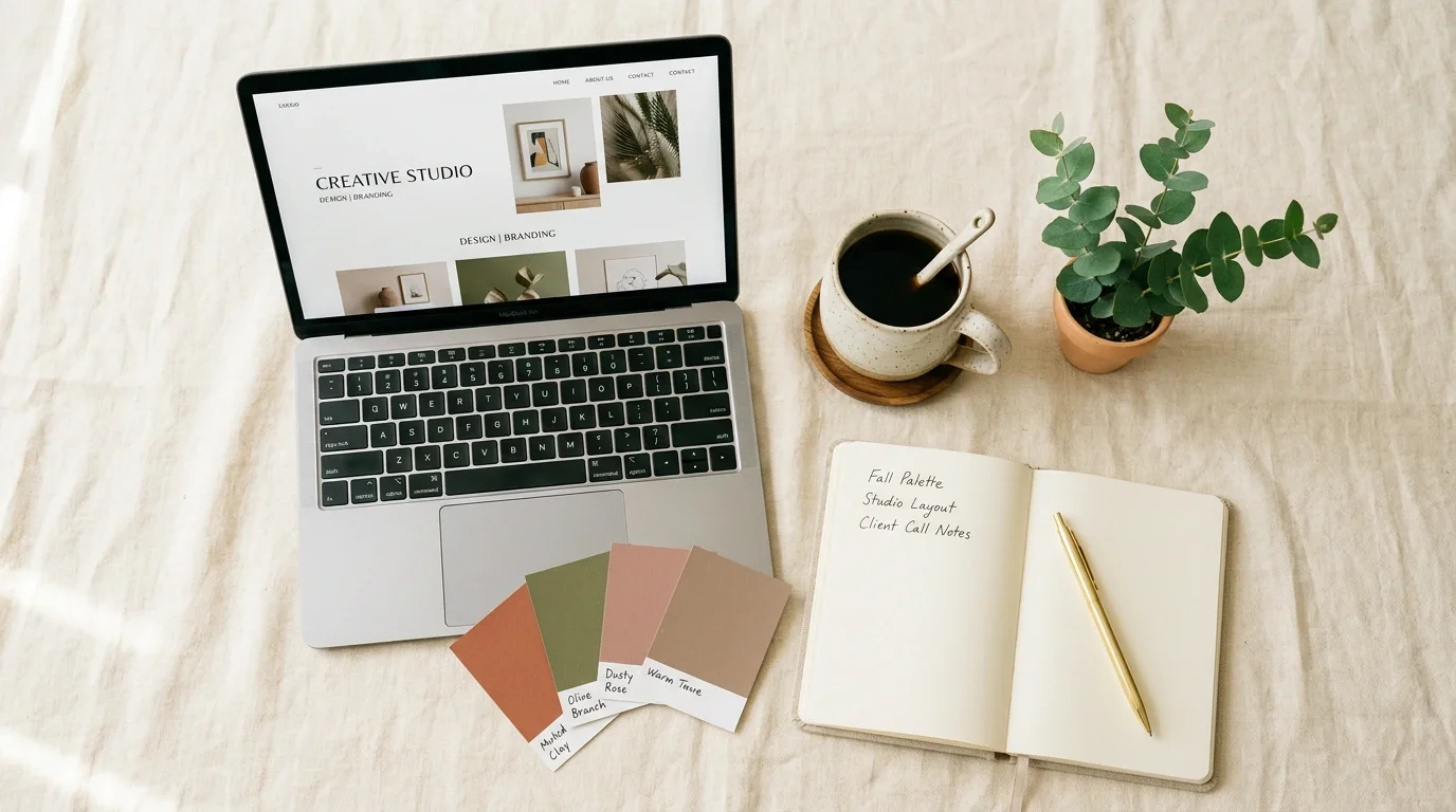 Warm styled flat lay workspace with laptop, coffee, color swatches, and notebook — What's Your Website Personality quiz by Jennifer Mager Creative, Squarespace website designer