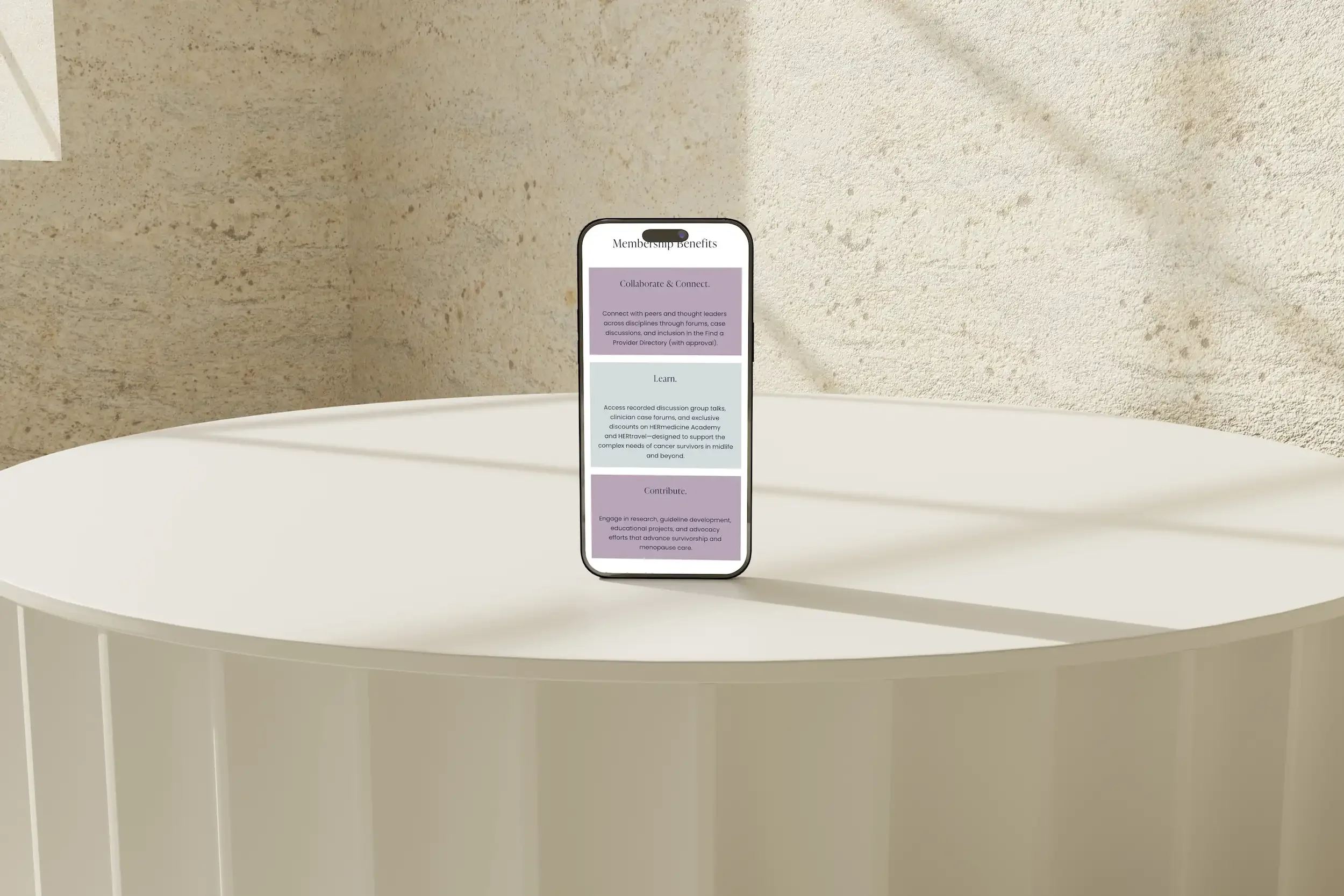 OncoMenopause Consortium membership benefits on iPhone — responsive Squarespace nonprofit website design by Jennifer Mager Creative
