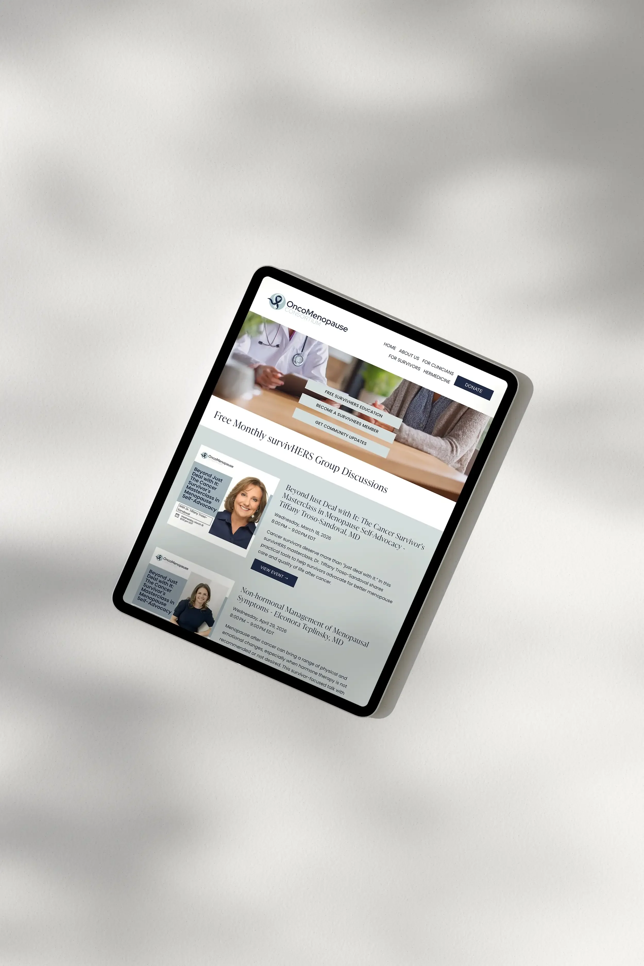 OncoMenopause Consortium survivHERS group discussions page on iPad — Squarespace website design for cancer survivors by Jennifer Mager Creative