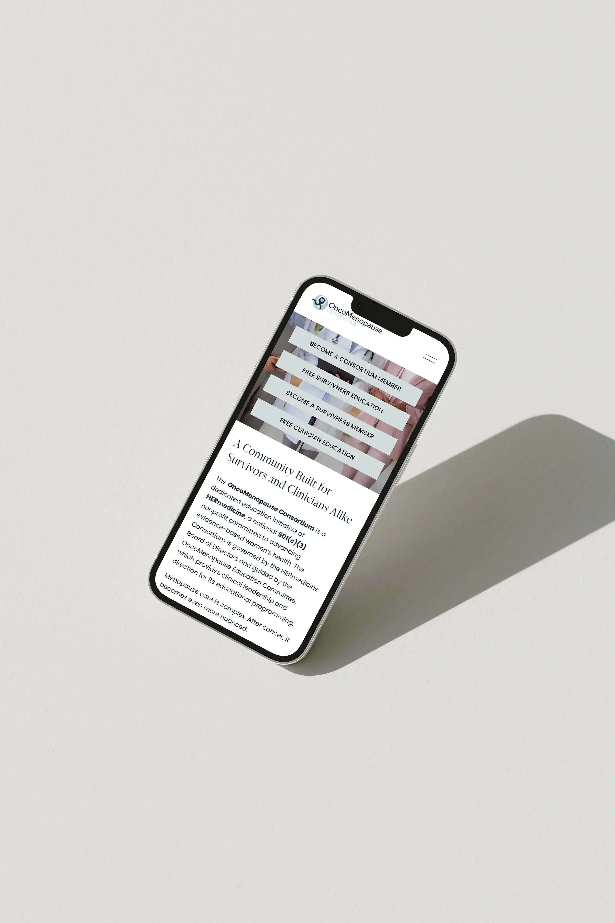 OncoMenopause Consortium About page on iPhone — Squarespace nonprofit website design for cancer survivors and clinicians by Jennifer Mager Creative