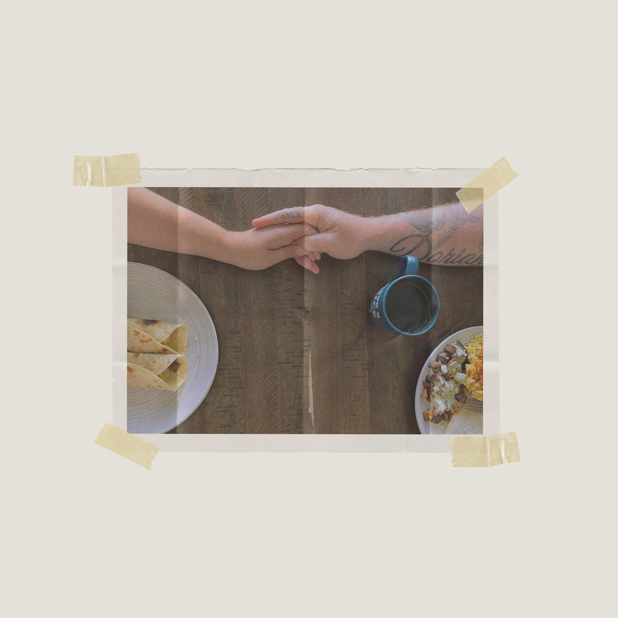 A silly little photo of me and my husband eating breakfast together. THAT HE COOKED (he cooks all our meals when he&rsquo;s home). He&rsquo;s off Wednesdays and Thursdays, so those are my &ldquo;be super present with the fam&rdquo; days.  He puts in 