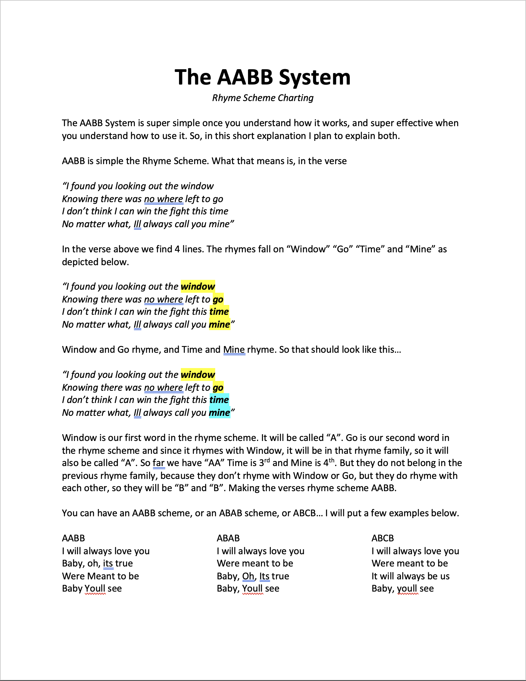 A detailed diagram explaining the AABB rhyme scheme, with colored highlights and example rhyme patterns at the bottom.