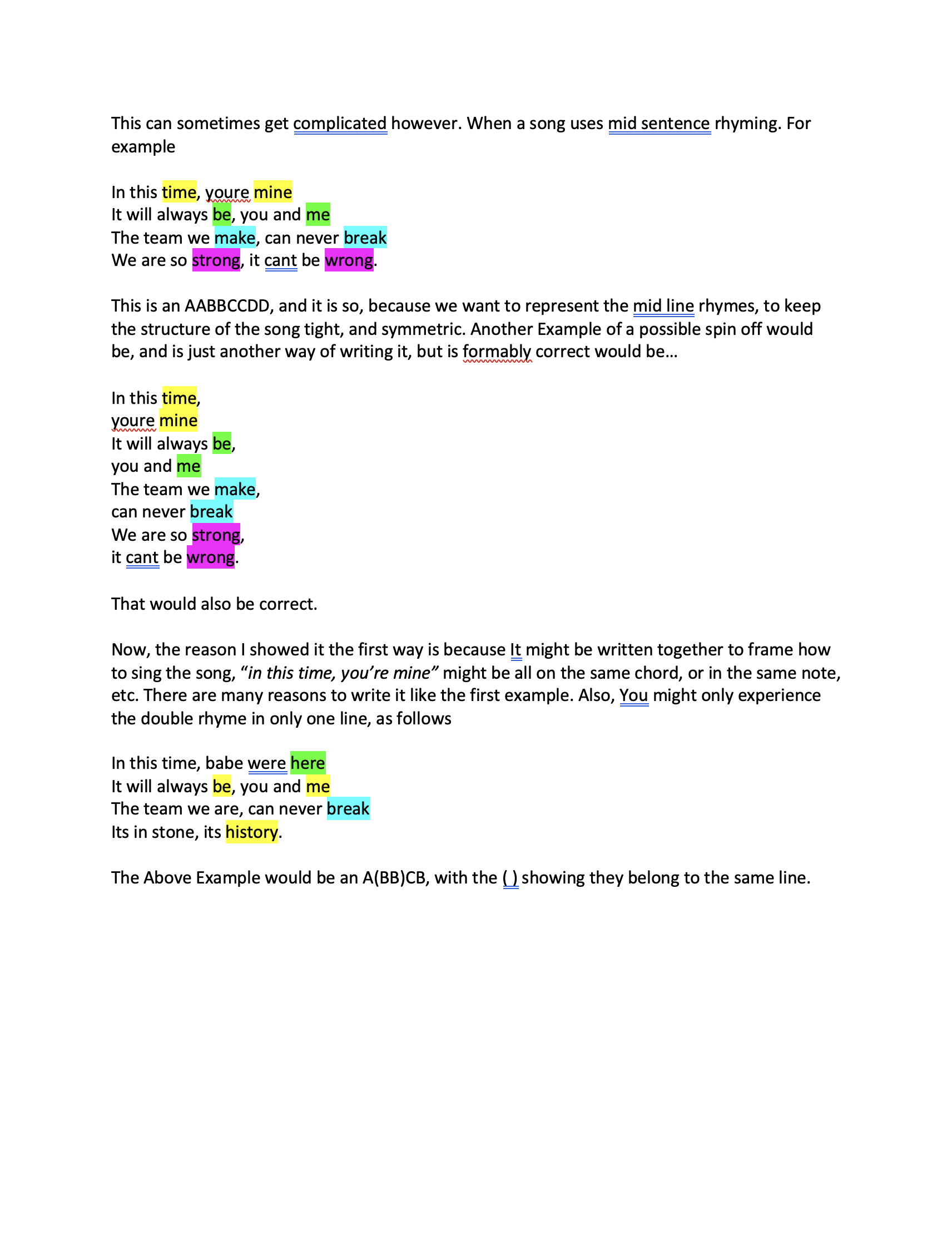 A screenshot of a text explaining rhyme patterns with color-coded words and annotations.