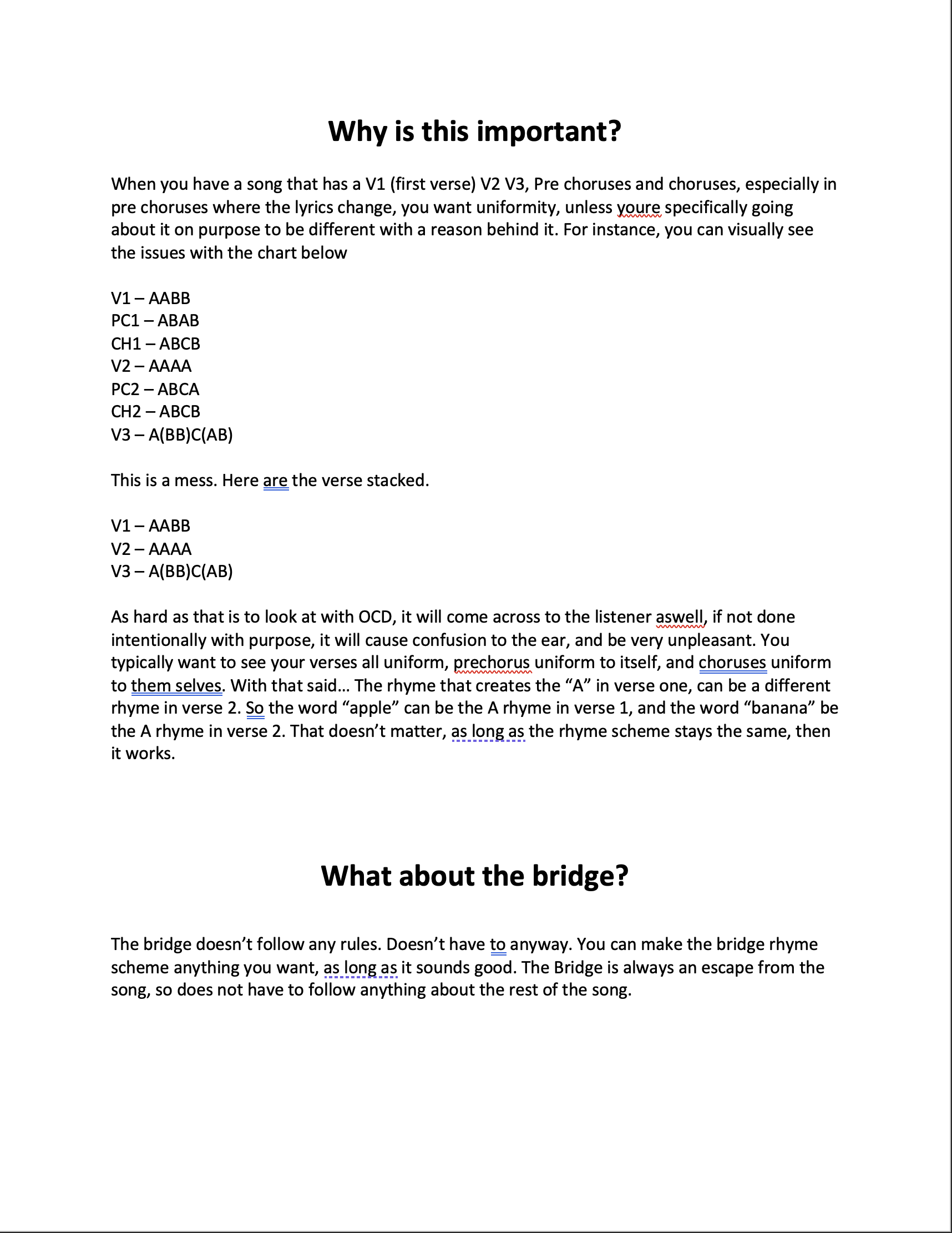 A printable sheet explaining the importance of consistent verse structure in songs, featuring examples of verse formats, a discussion on rhyme schemes, and tips for creating bridges in songs.