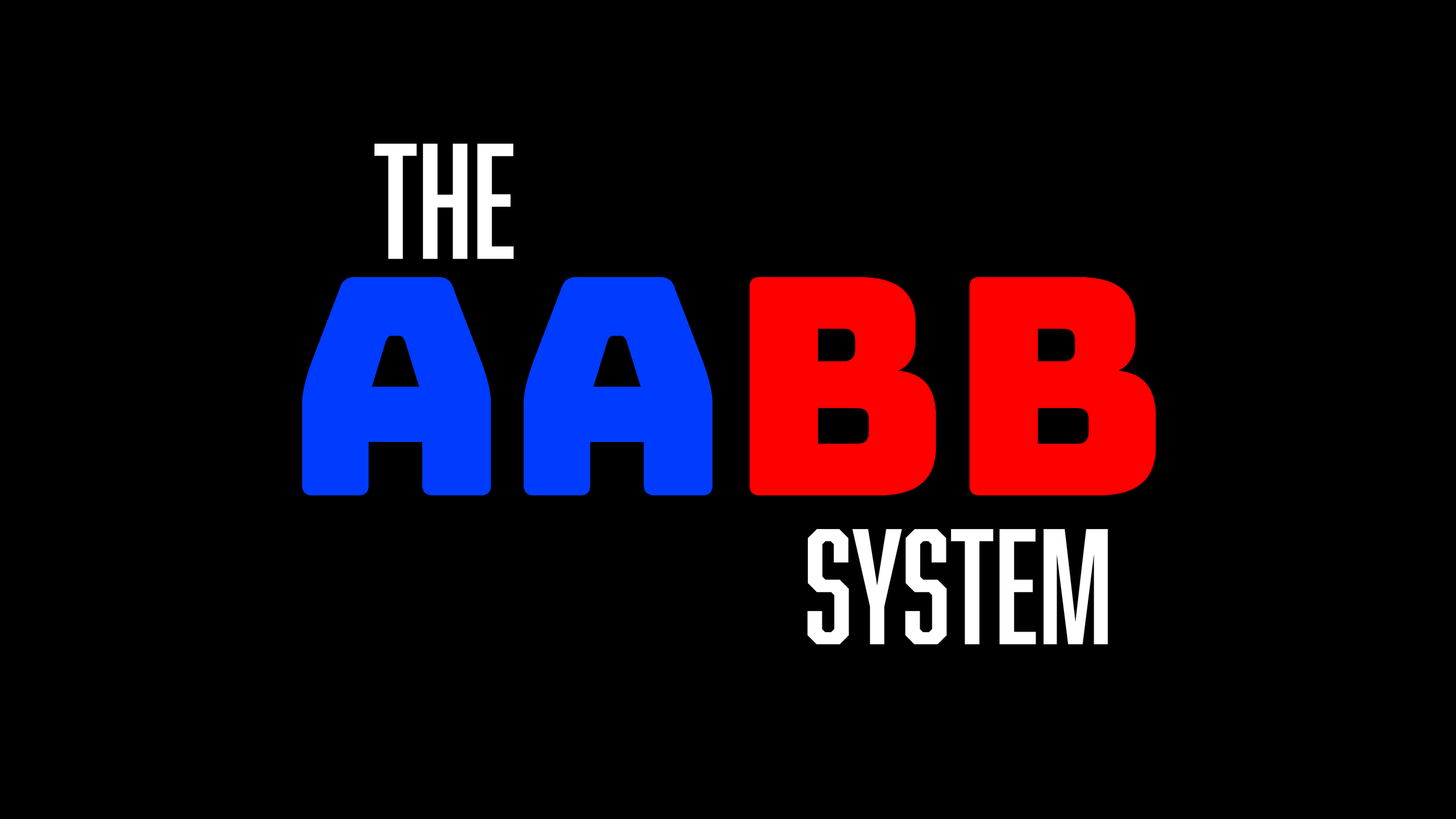 Logo with the words 'The AABB System' with 'AABB' in blue and red font on a black background.