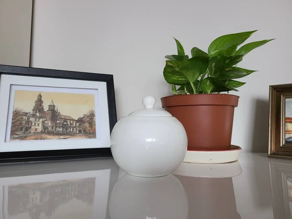 A candle in a round container next to a photo of buildings and a plant on a white counter