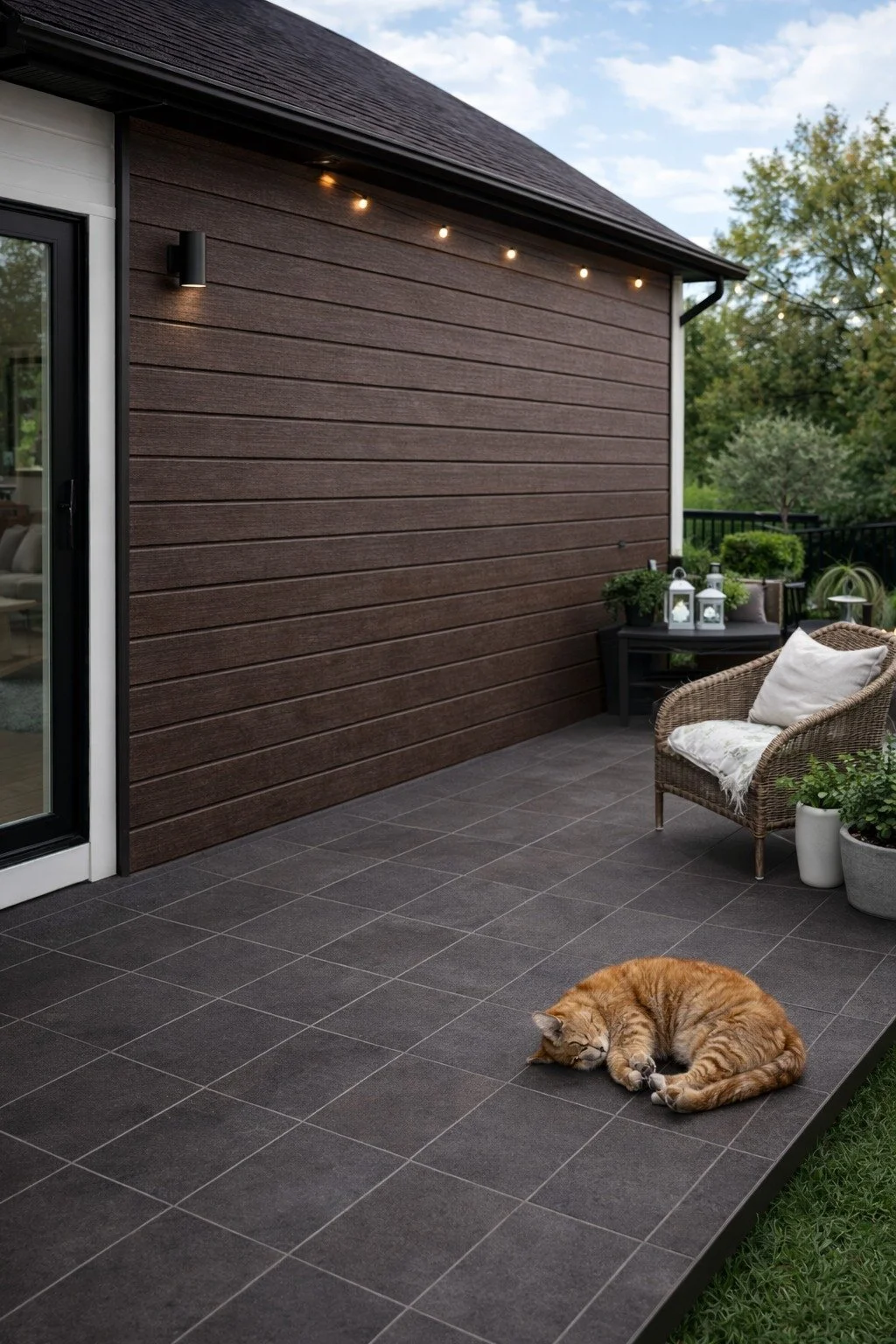 A cozy outdoor patio with dark tiled wpc flooring,