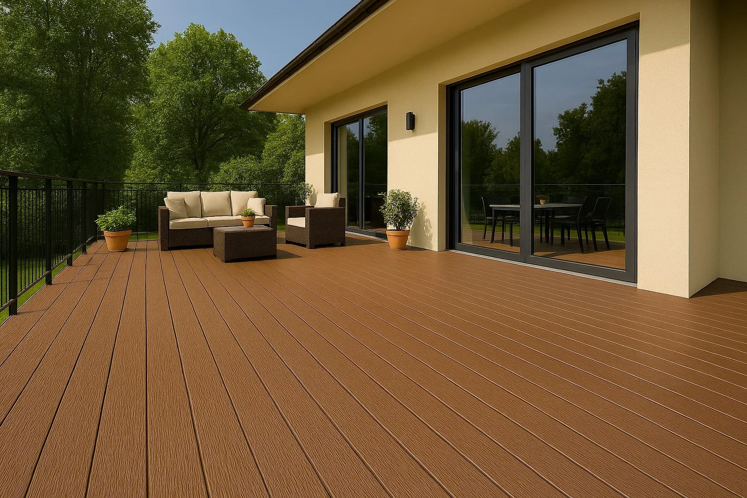 A spacious outdoor balcony with brown wooden flooring, black railing, beige outdoor furniture including a sofa, chairs, and potted plants, attached to a house with beige walls and large glass sliding doors, surrounded by green trees.