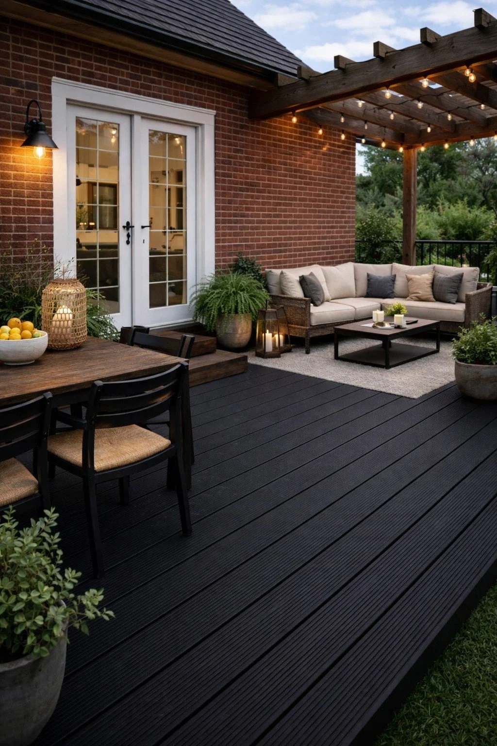 A cozy backyard patio with black wooden decking, a white cushioned outdoor sofa with pillows, string lights overhead, potted plants, lanterns with candles, a small black coffee table, and a wooden dining table with chairs, adjacent to a brick house with white-framed glass doors.