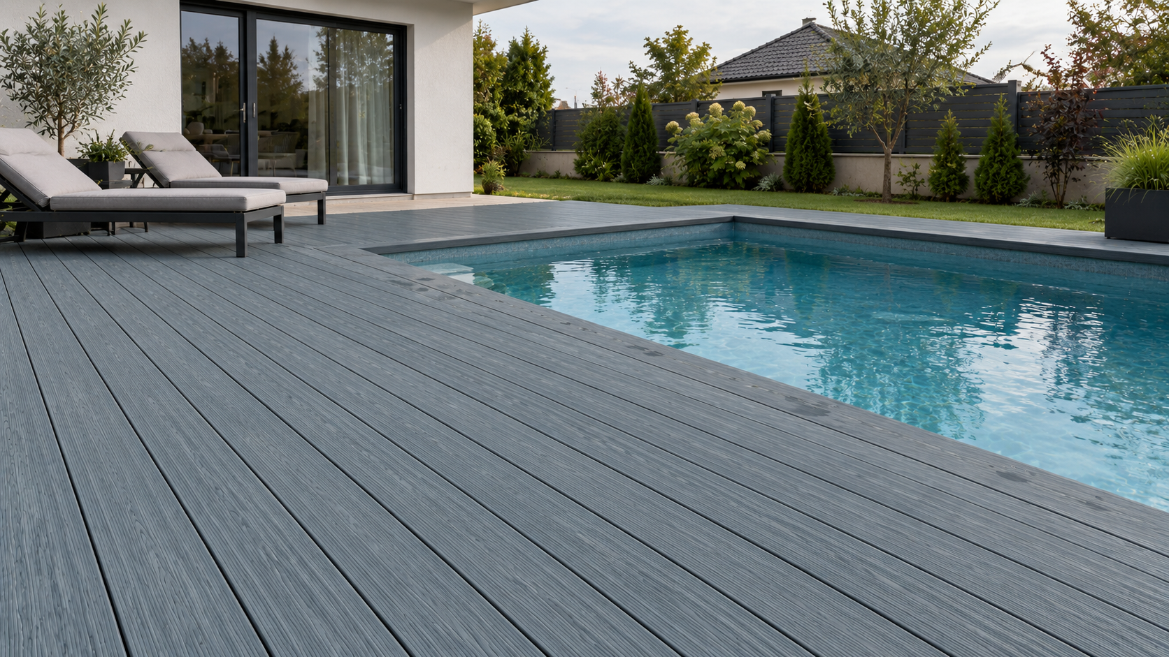 Terasă cu deck compozit WPC gri antracit, lângă piscină