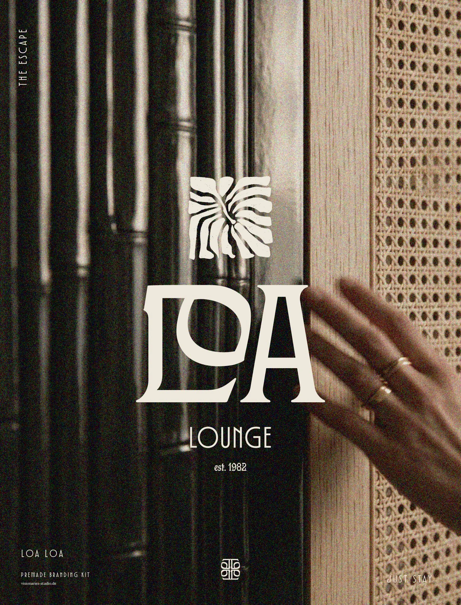 Ein Innendesignposter für eine Bar namens 'The Escape'. Das Poster zeigt eine hand, die auf eine Oberfläche berührt, mit Text 'Just Stay'. Es enthält auch den Text 'LA LOA' und 'Lounge', sowie 'est. 1982' und 'Premade Branding Kit'.