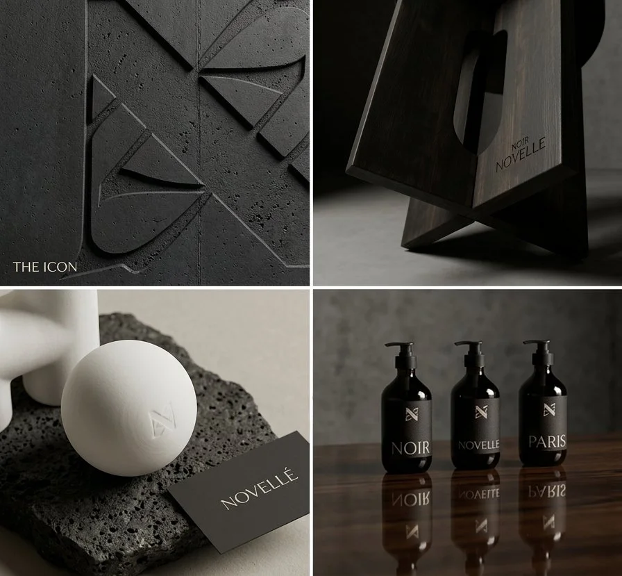 Verschiedene stilvolle Produkte und Verpackungen, darunter schwarzes Parfüm mit der Bezeichnung NOIR NÖELLE, weiße Kugel mit Markenlogo, schwarze Flaschen mit Pumpen für Produkte namens NOIR, NÖELLE und PARIS, auf dunklem Hintergrund