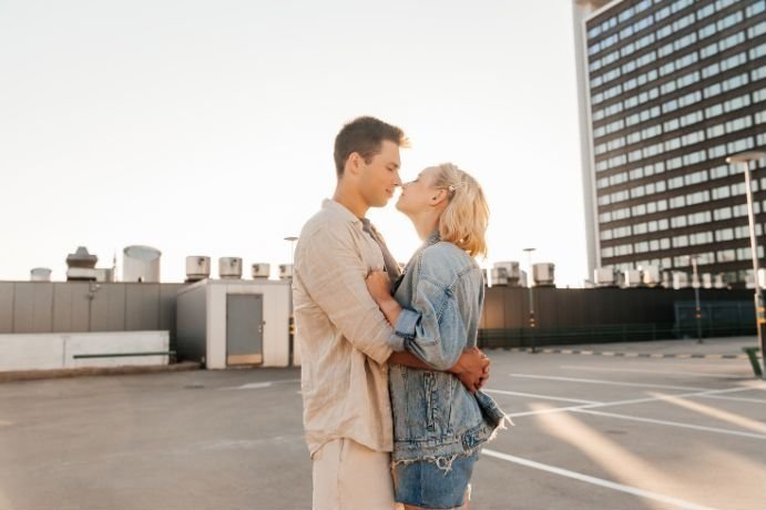 couple in love for unique downtown Engagement photos