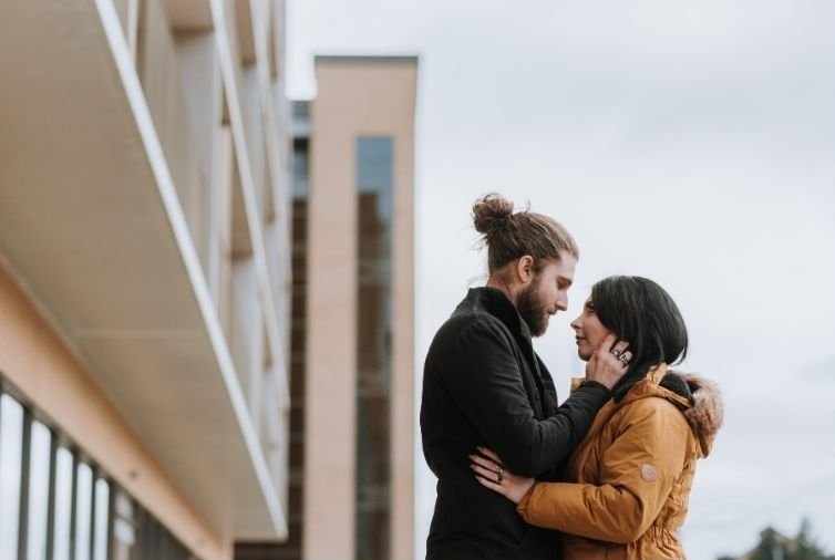 couple in love for unique downtown Engagement photos