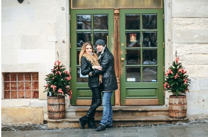 couple in love for unique downtown Engagement photos