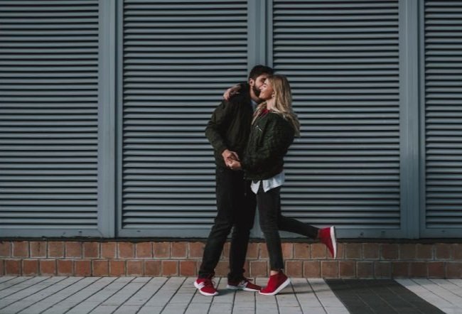 couple in love for unique downtown Engagement photos