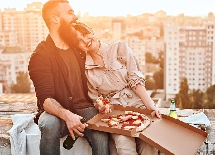 couple in love for unique rooftop Engagement photos