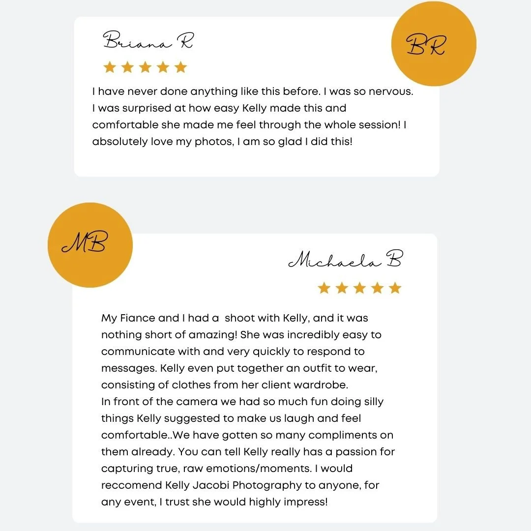reviews for photographer from engagement, boudoir, family, senior, maternity, and newborn photography clients