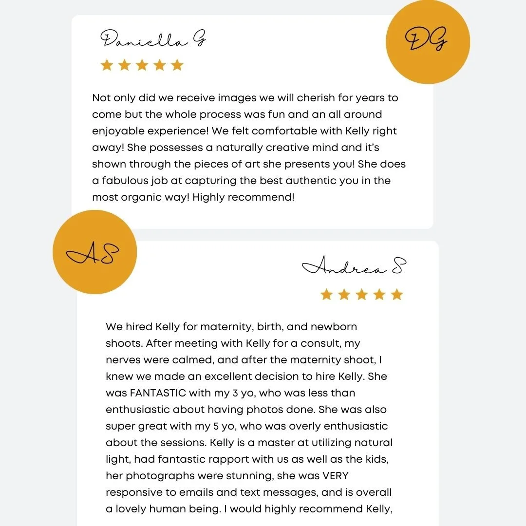 reviews for photographer from engagement, boudoir, family, senior, maternity, and newborn photography clients