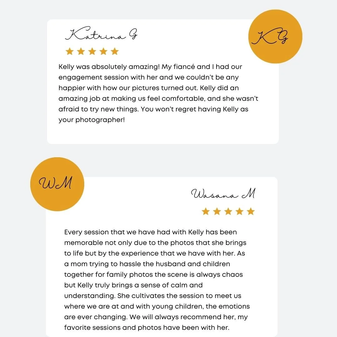reviews for photographer from engagement, boudoir, family, senior, maternity, and newborn photography clients