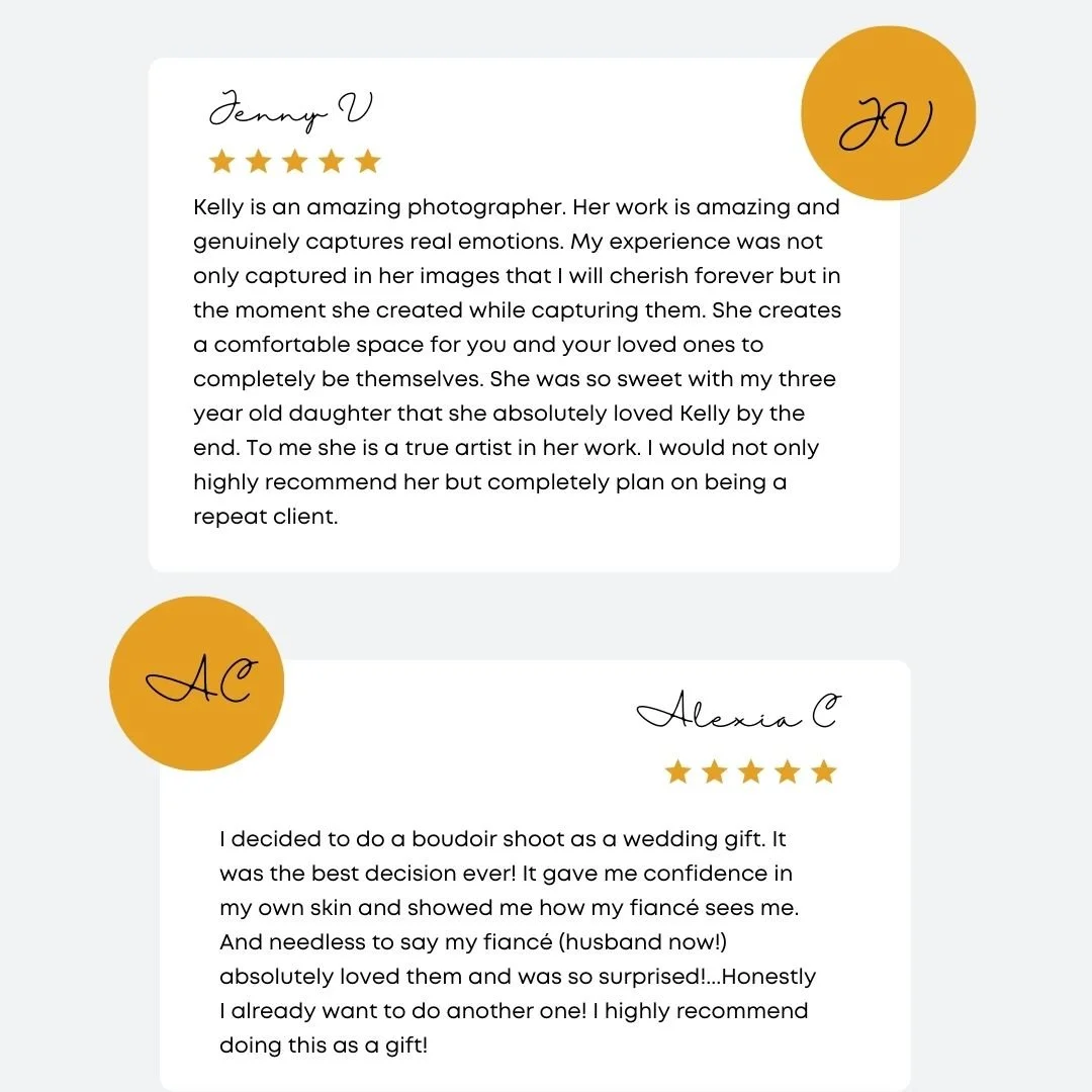 reviews for photographer from engagement, boudoir, family, senior, maternity, and newborn photography clients