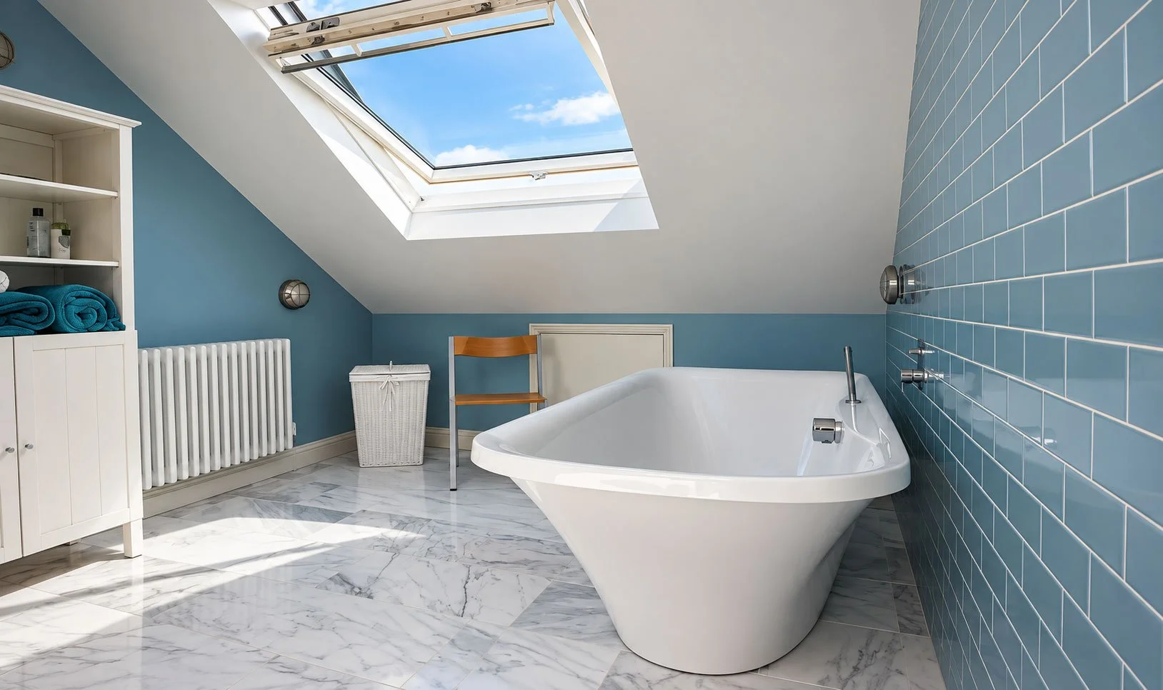 Finished loft bathroom with freestanding bath, blue tiled wall and rooflight in Brighton