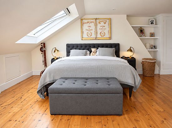 Finished rooflight loft conversion bedroom with sloping ceilings and timber floor