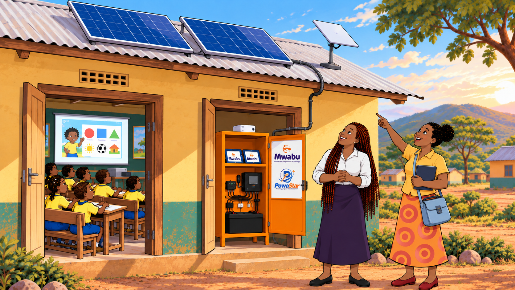 A classroom inside a yellow building with wooden doors open, showing children in yellow uniforms seated at desks watching a lesson projected on a screen. Outside, two women are standing and talking, one pointing toward the classroom. The building has solar panels on the roof, and the background features sunny weather, mountains, and trees.